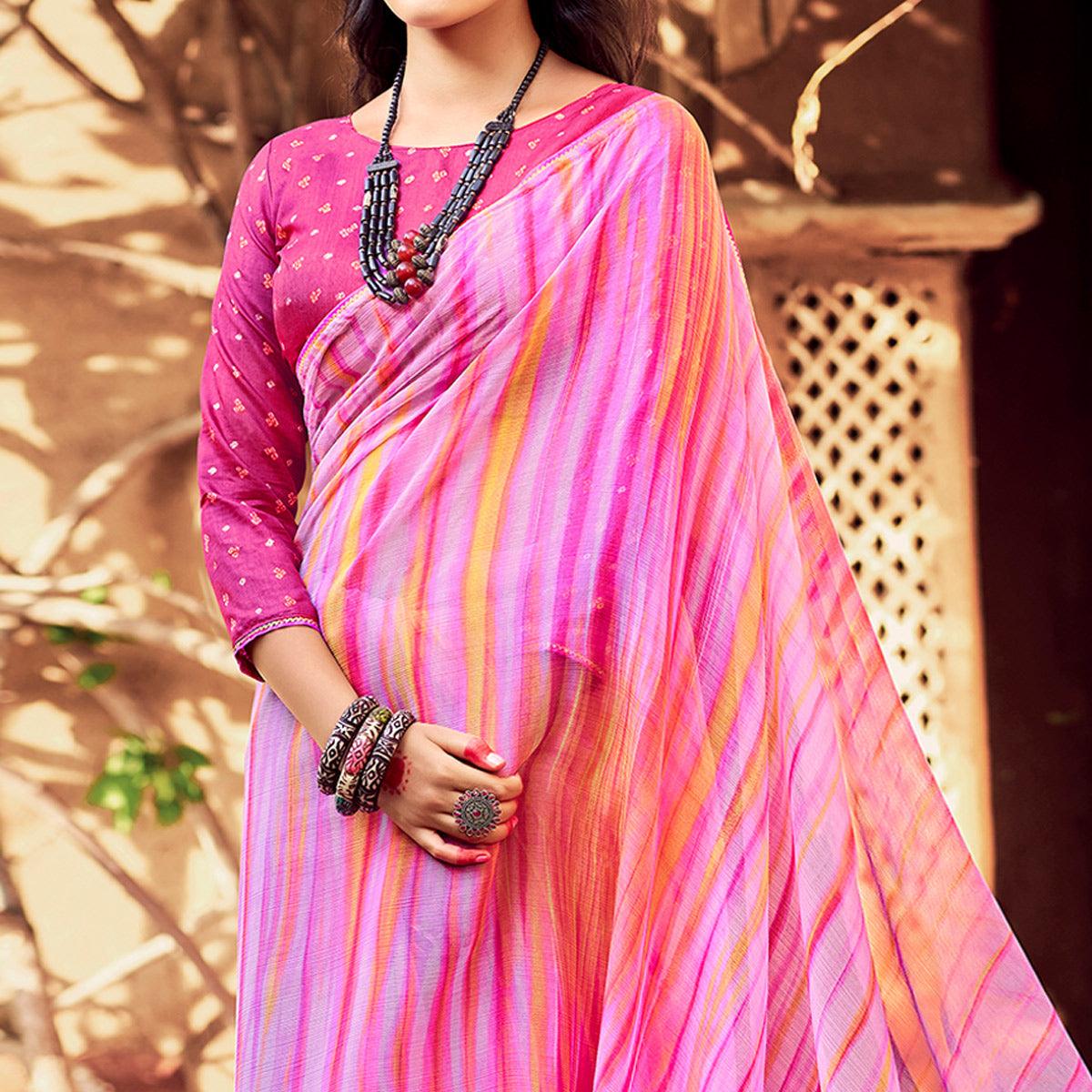 Pink Printed With Gota Patti Border Chiffon Saree - Peachmode
