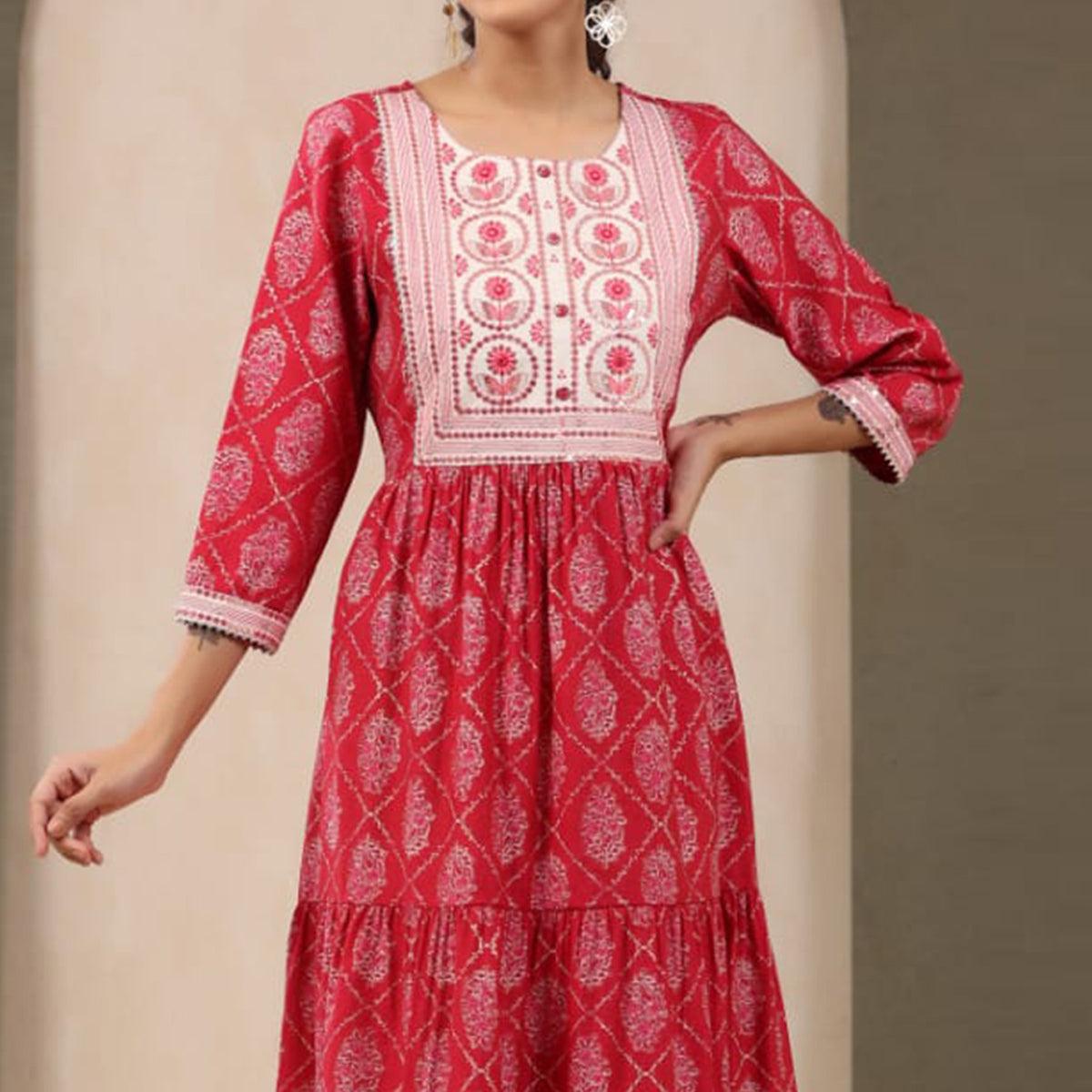 Pink Printed With Sequence embroidered Chanderi Kurti - Peachmode