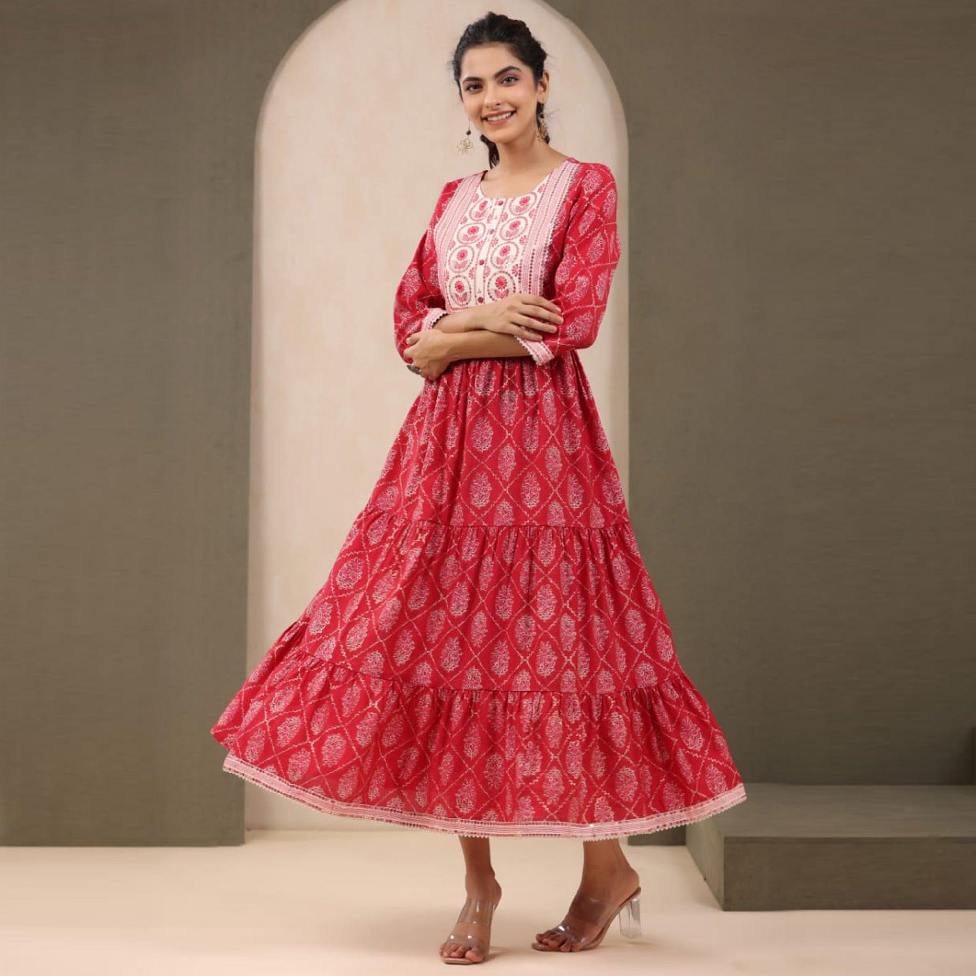 Pink Printed With Sequence embroidered Chanderi Kurti - Peachmode