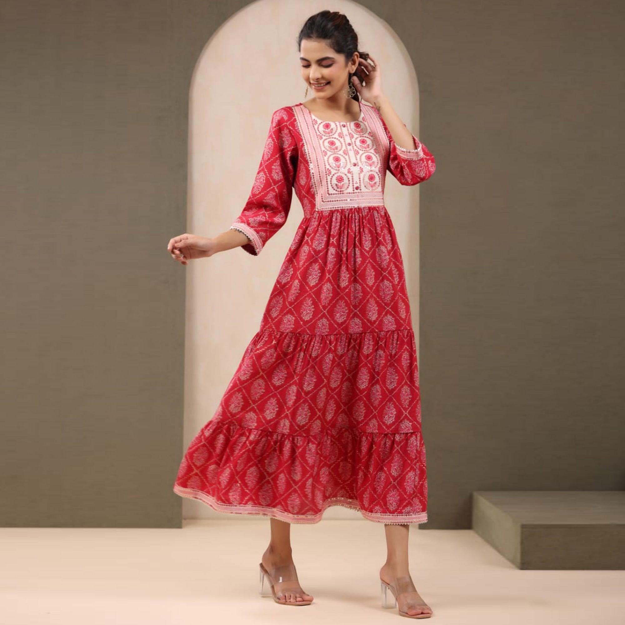 Pink Printed With Sequence embroidered Chanderi Kurti - Peachmode