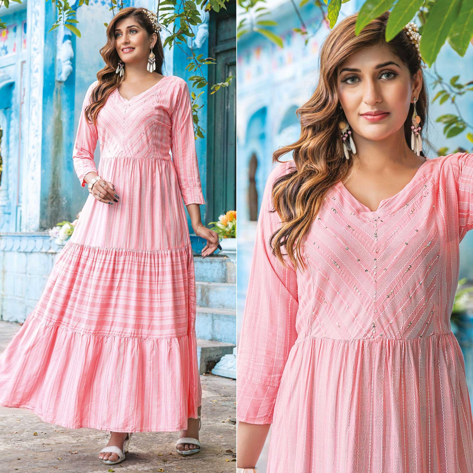Pink Printed With Sequence Embroidered Rayon Kurti - Peachmode