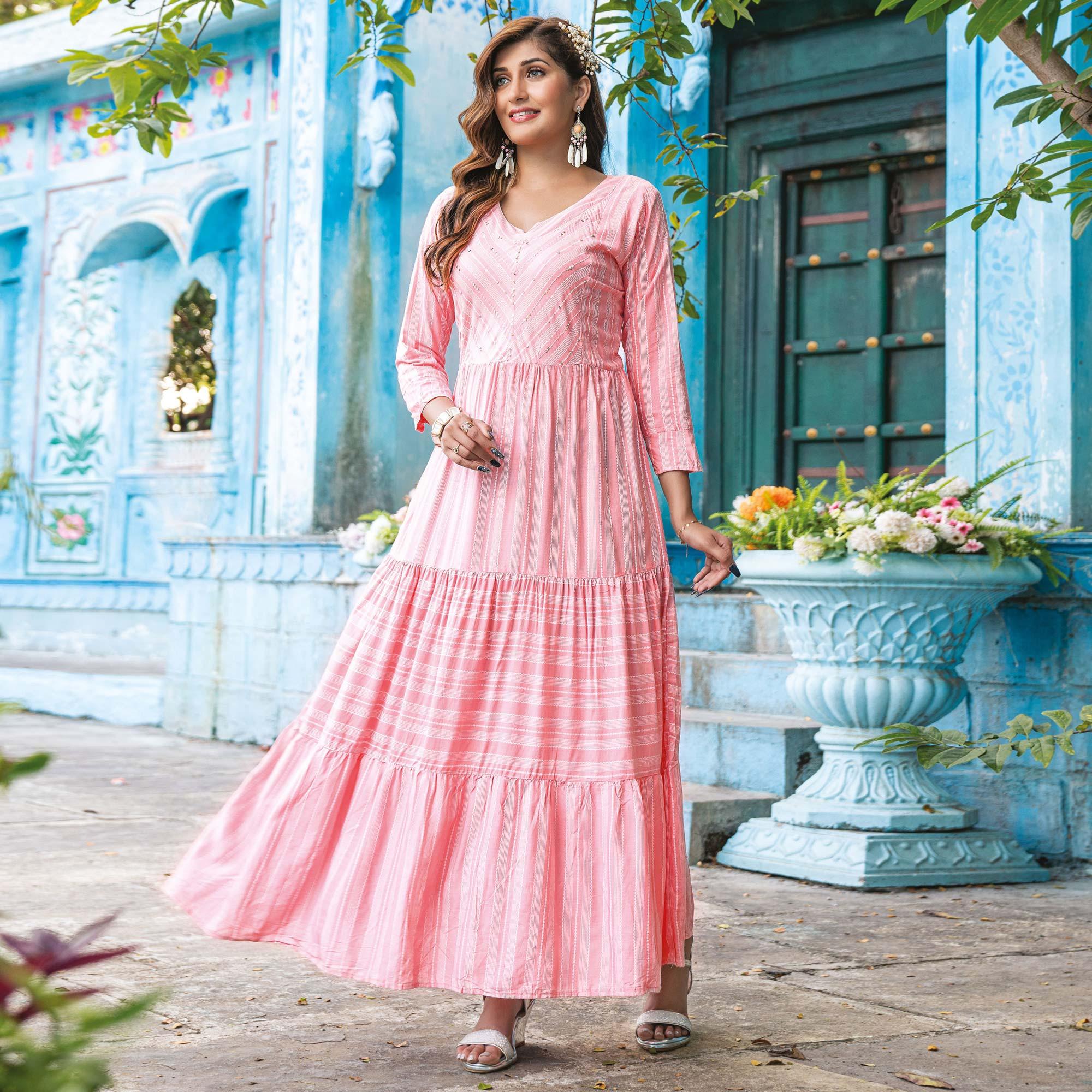 Pink Printed With Sequence Embroidered Rayon Kurti - Peachmode