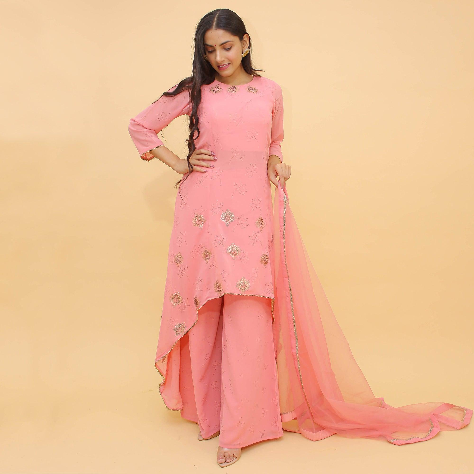 Pink Printed With Swarovski Georgette Palazzo Suit - Peachmode