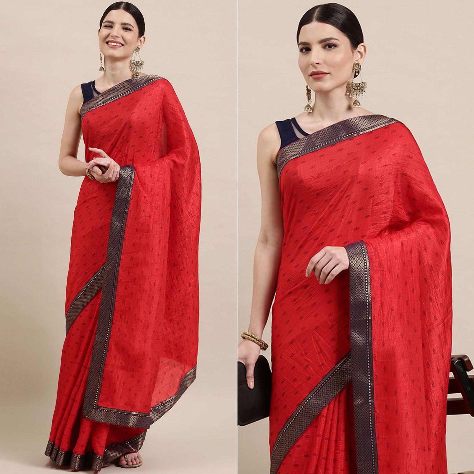 Pink Printed With Woven Border Art Silk Saree - Peachmode