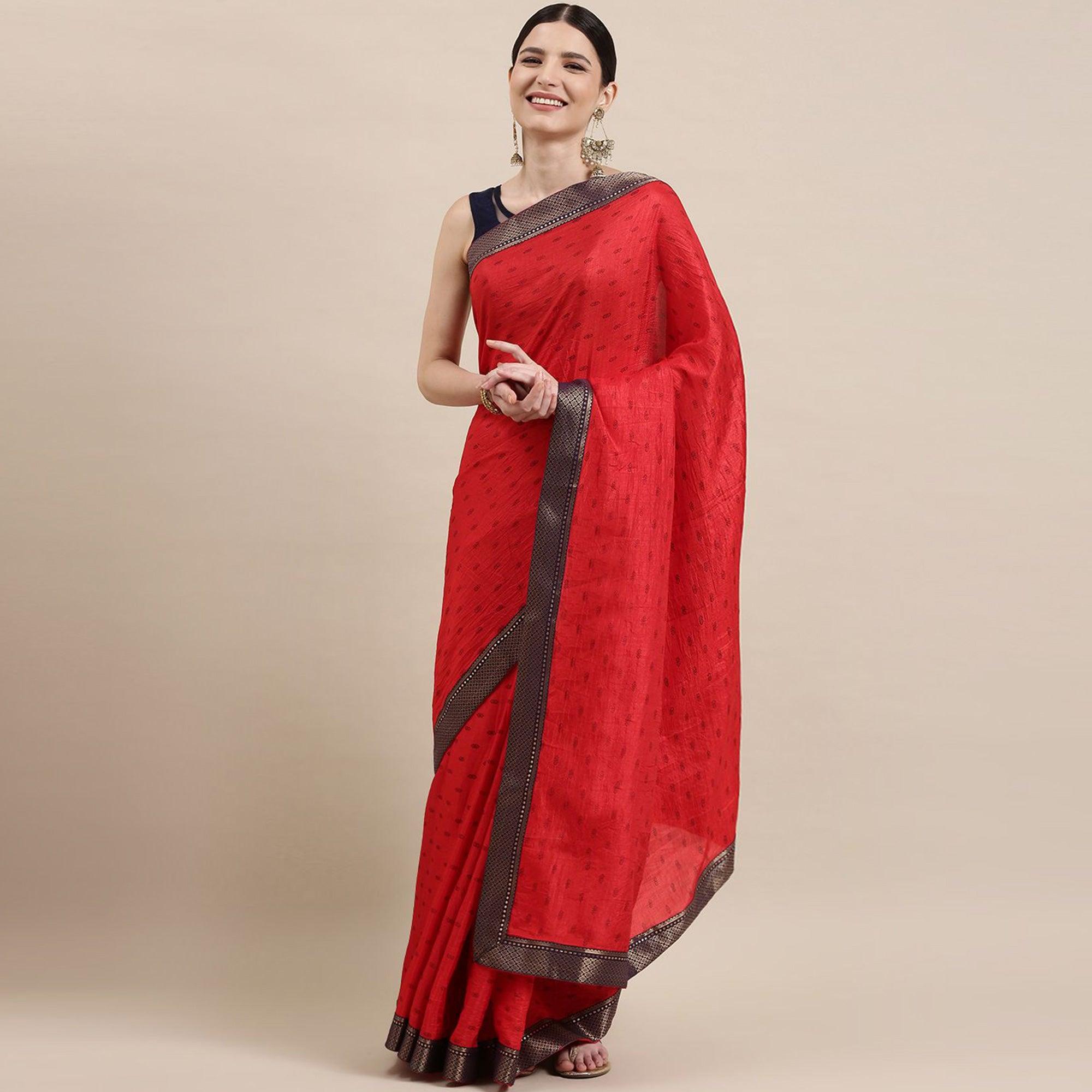 Pink Printed With Woven Border Art Silk Saree - Peachmode