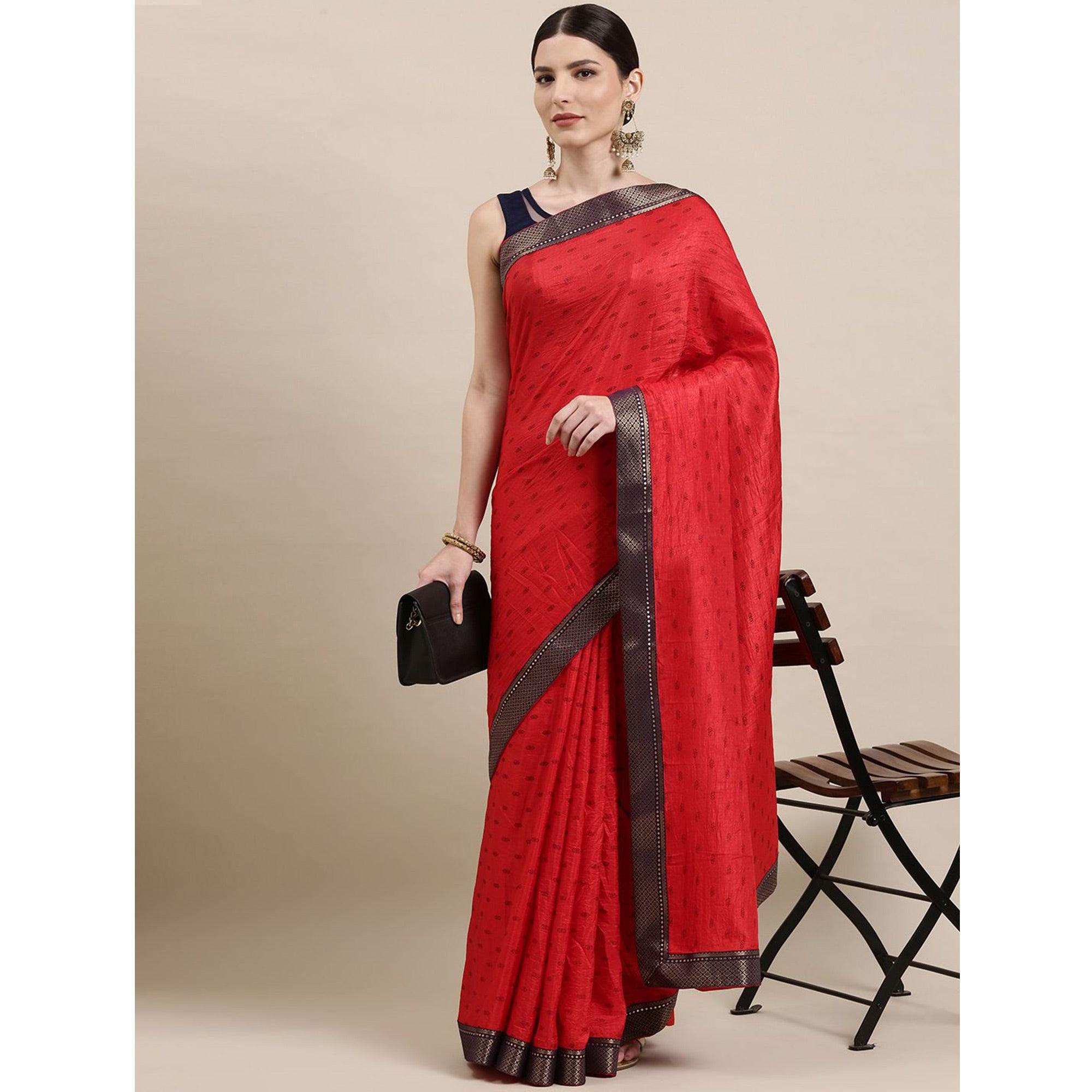 Pink Printed With Woven Border Art Silk Saree - Peachmode