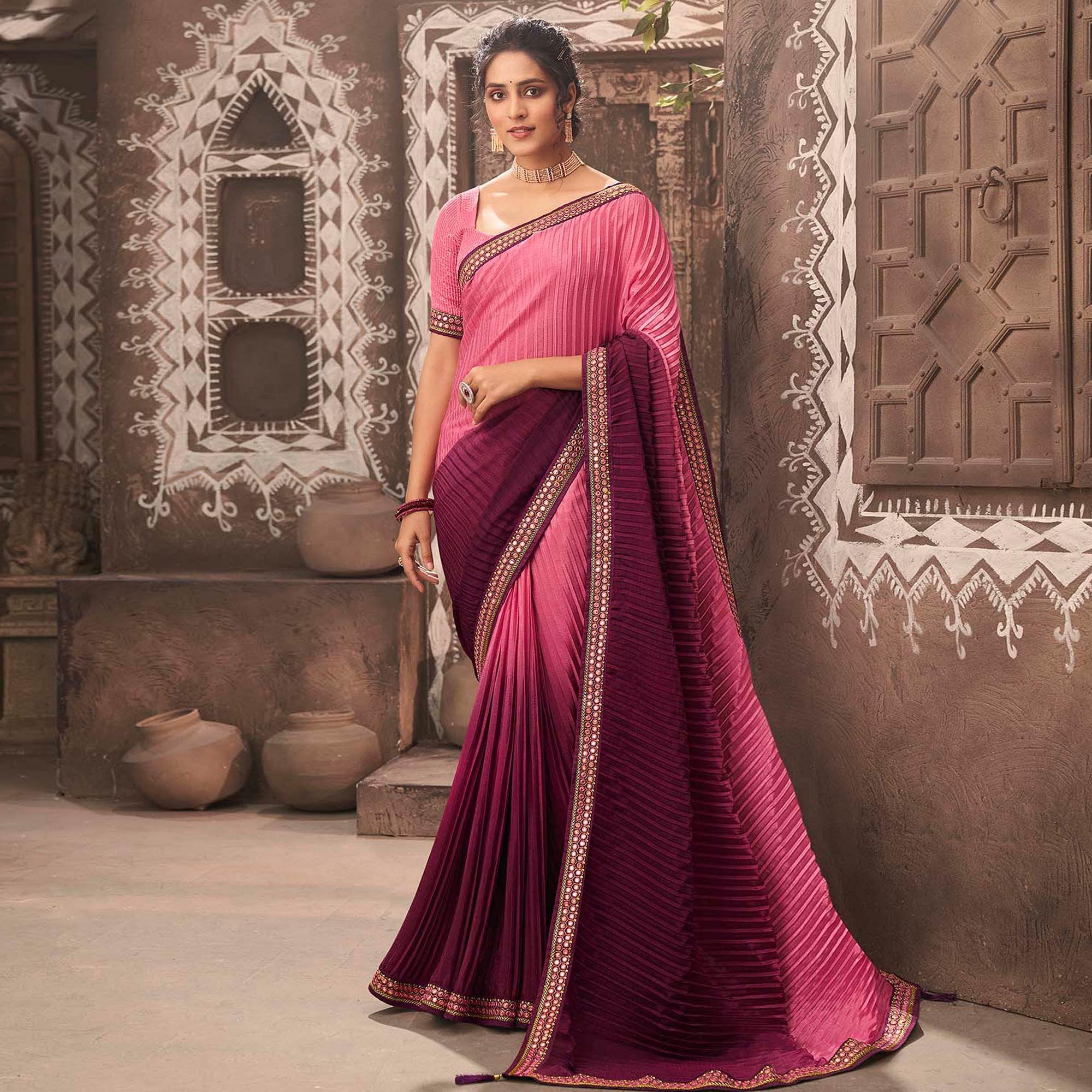 Pink-Purple Partywear Crushed Chiffon Saree with Fancy Lace - Peachmode