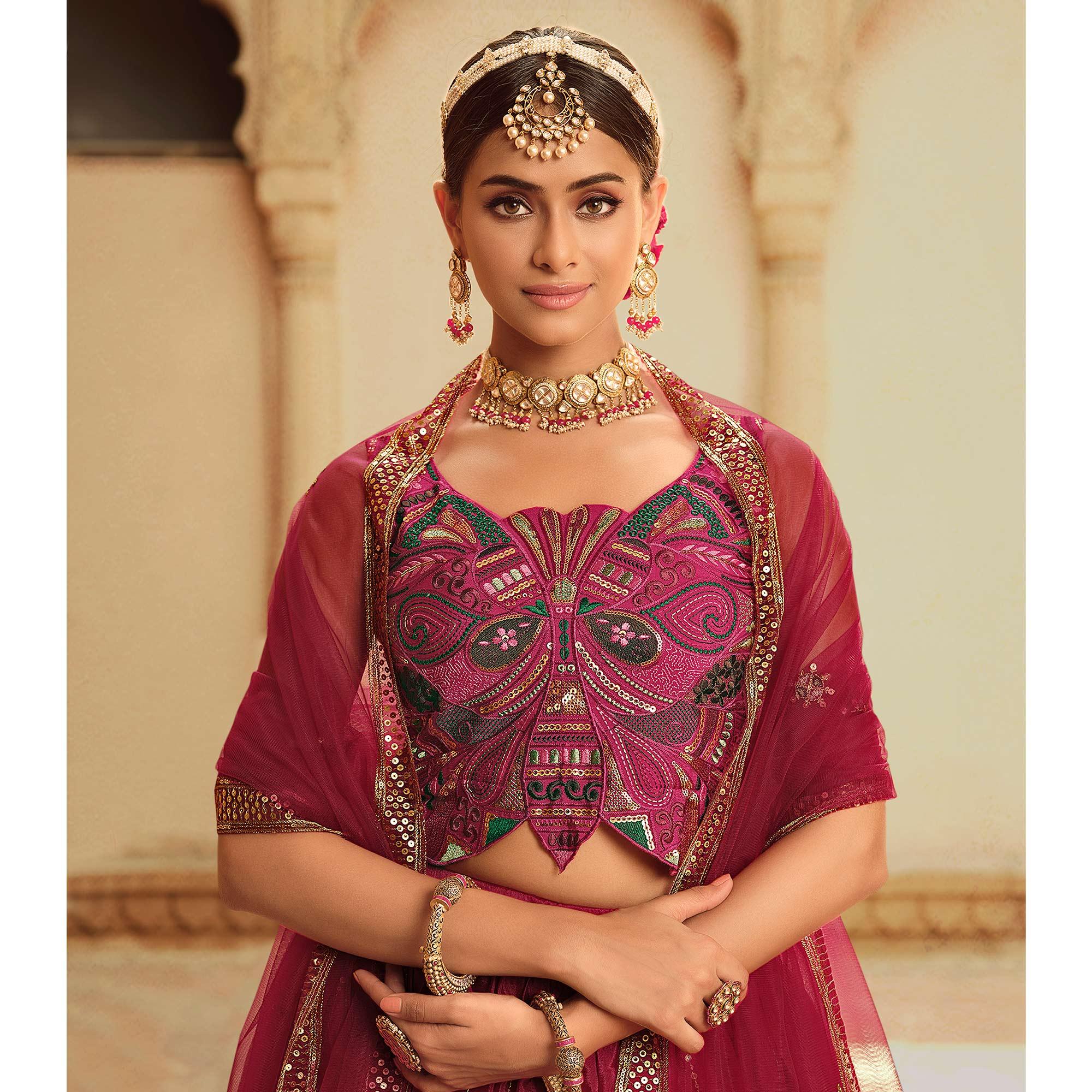 Pink-Purple Sequence Embroidered Art Silk Lehenga Choli - Peachmode