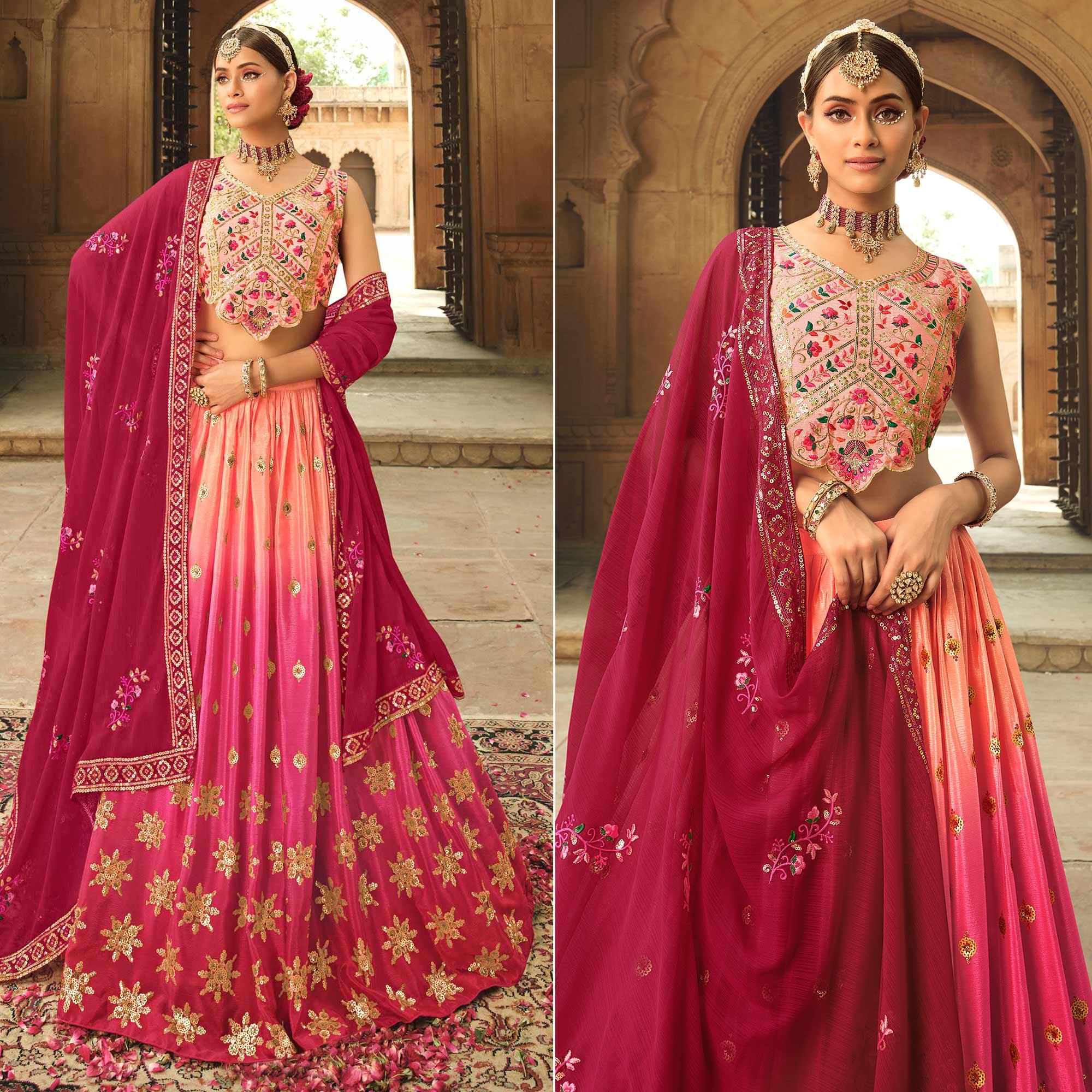 Pink Sequence Embroidered Art Silk Lehenga Choli - Peachmode