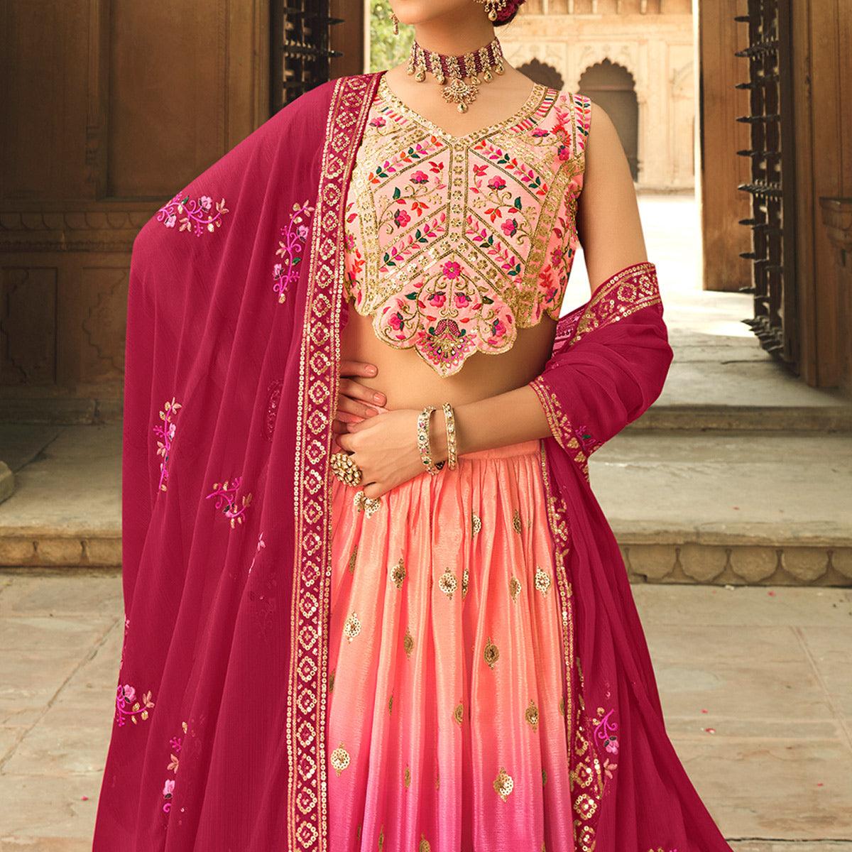 Pink Sequence Embroidered Art Silk Lehenga Choli - Peachmode