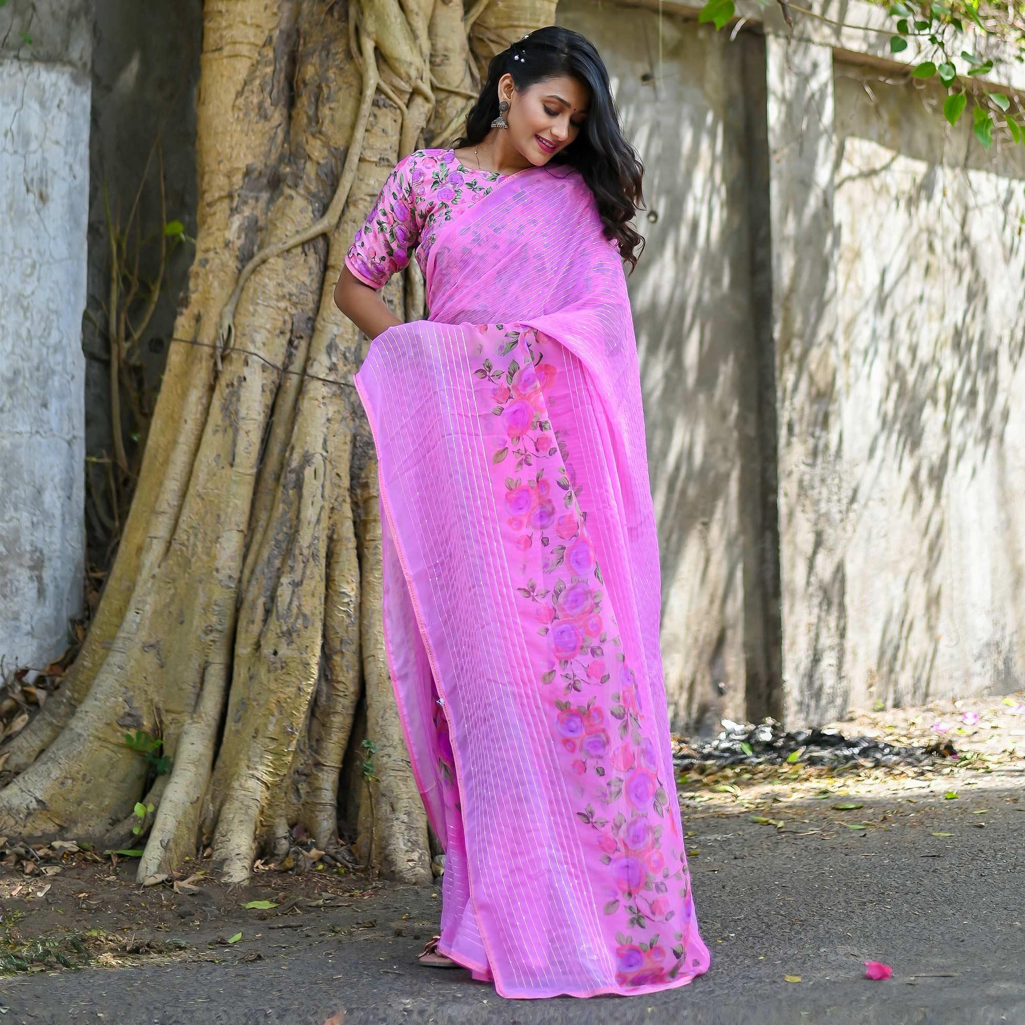 Pink Sequence Embroidered Art Silk Saree - Peachmode