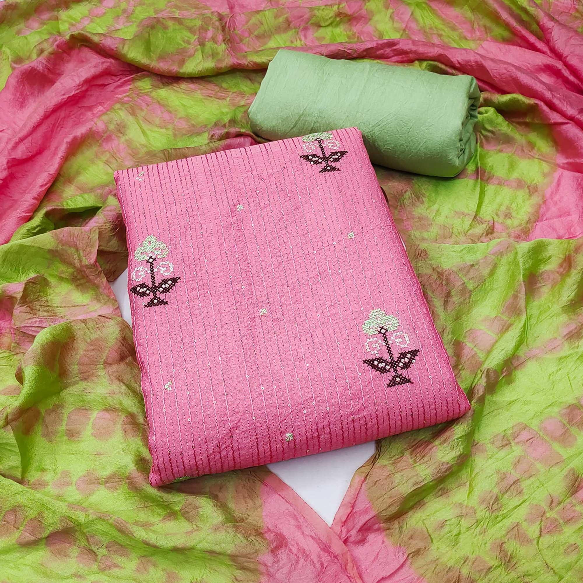 Pink Sequence Embroidered Chanderi Dress Material - Peachmode