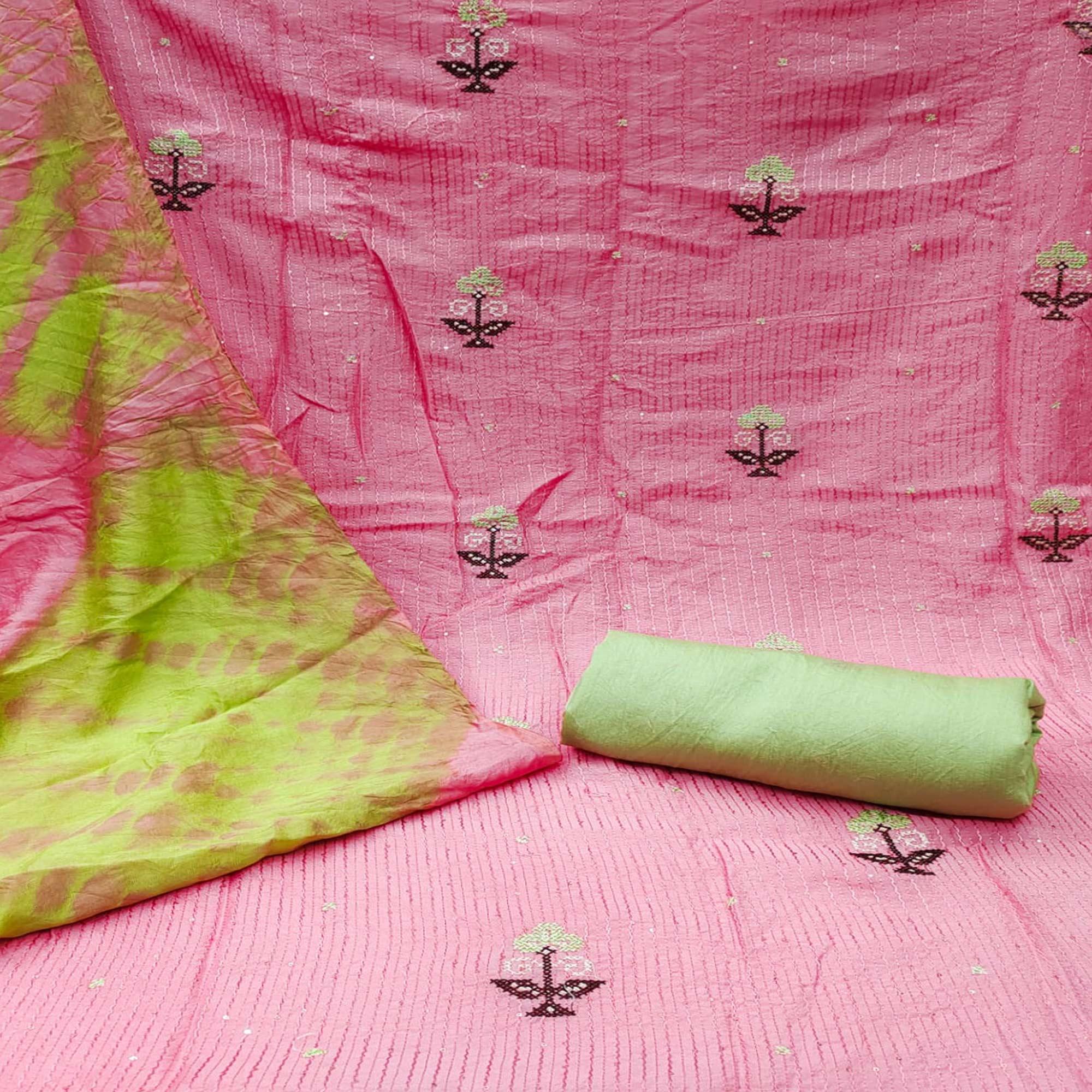 Pink Sequence Embroidered Chanderi Dress Material - Peachmode