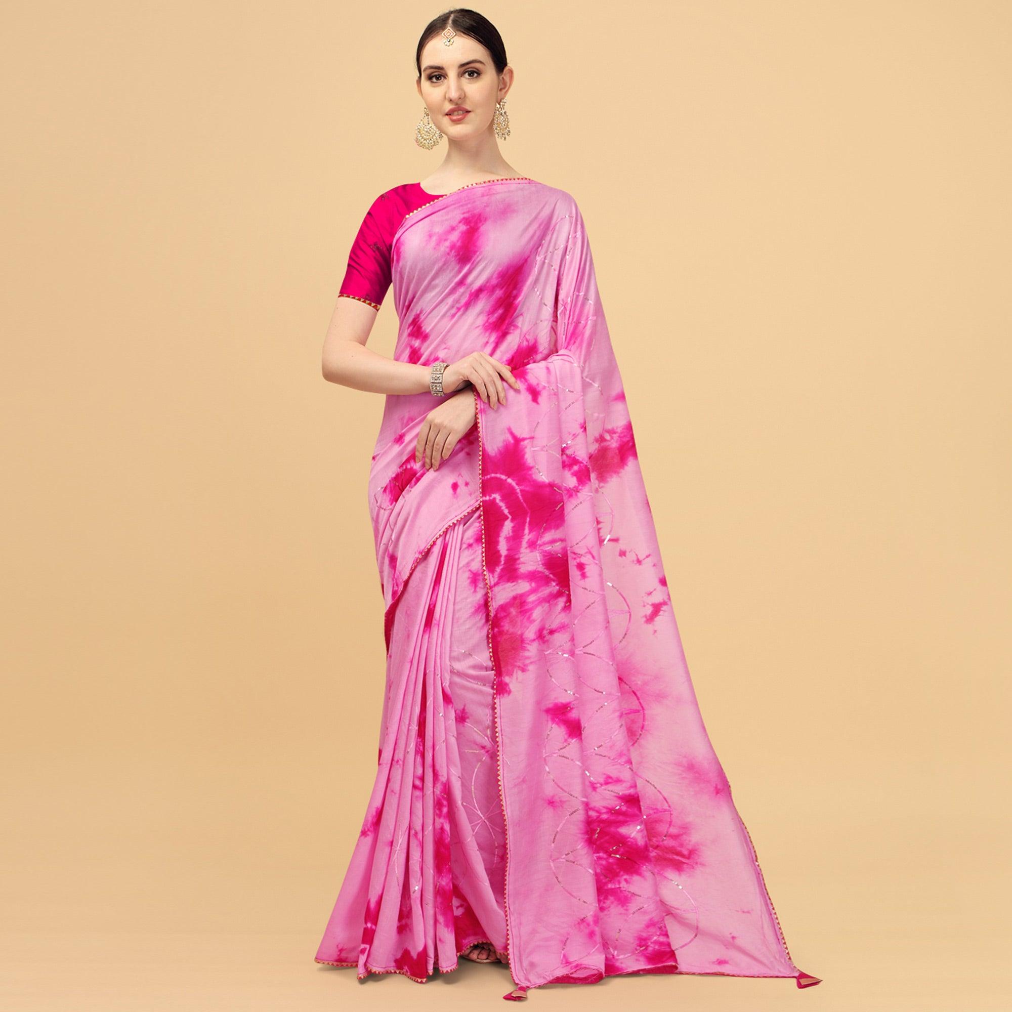 Pink Sequence Embroidered Chanderi Saree - Peachmode