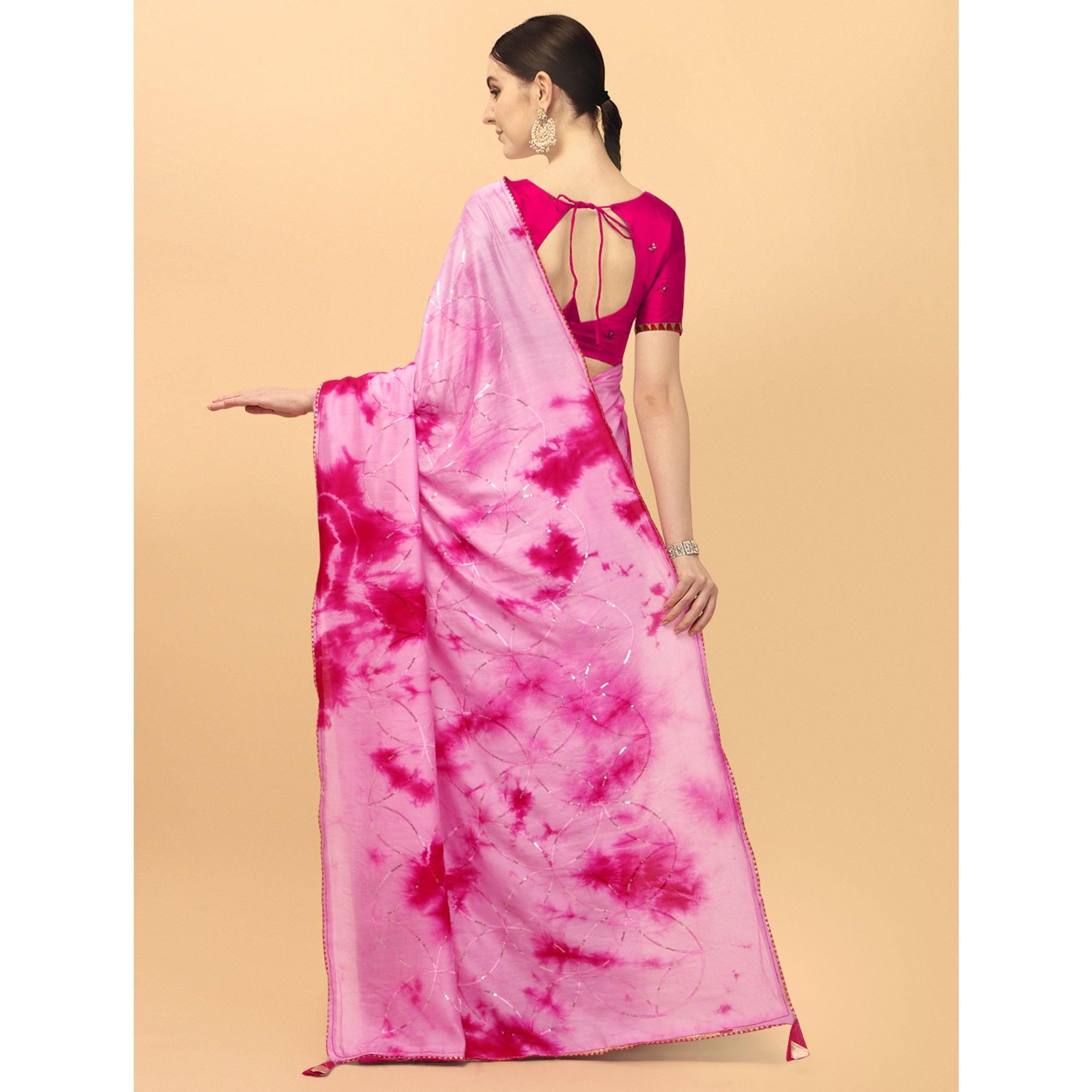 Pink Sequence Embroidered Chanderi Saree - Peachmode