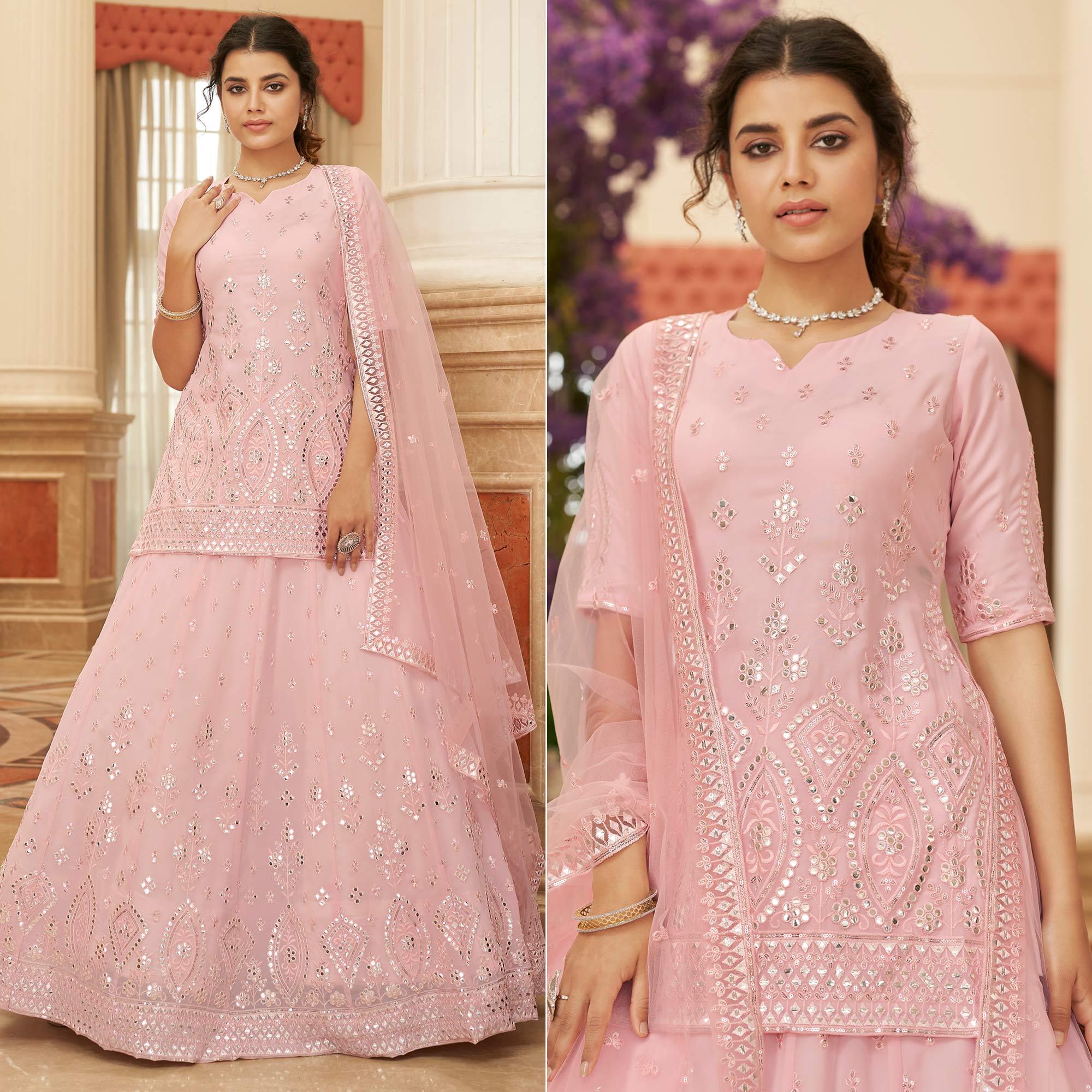 Pink Sequence Embroidered Chiffon Lehenga Choli - Peachmode