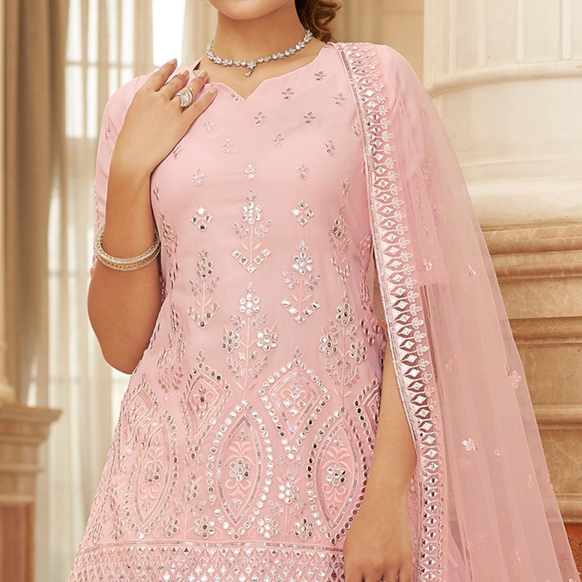 Pink Sequence Embroidered Chiffon Lehenga Choli - Peachmode