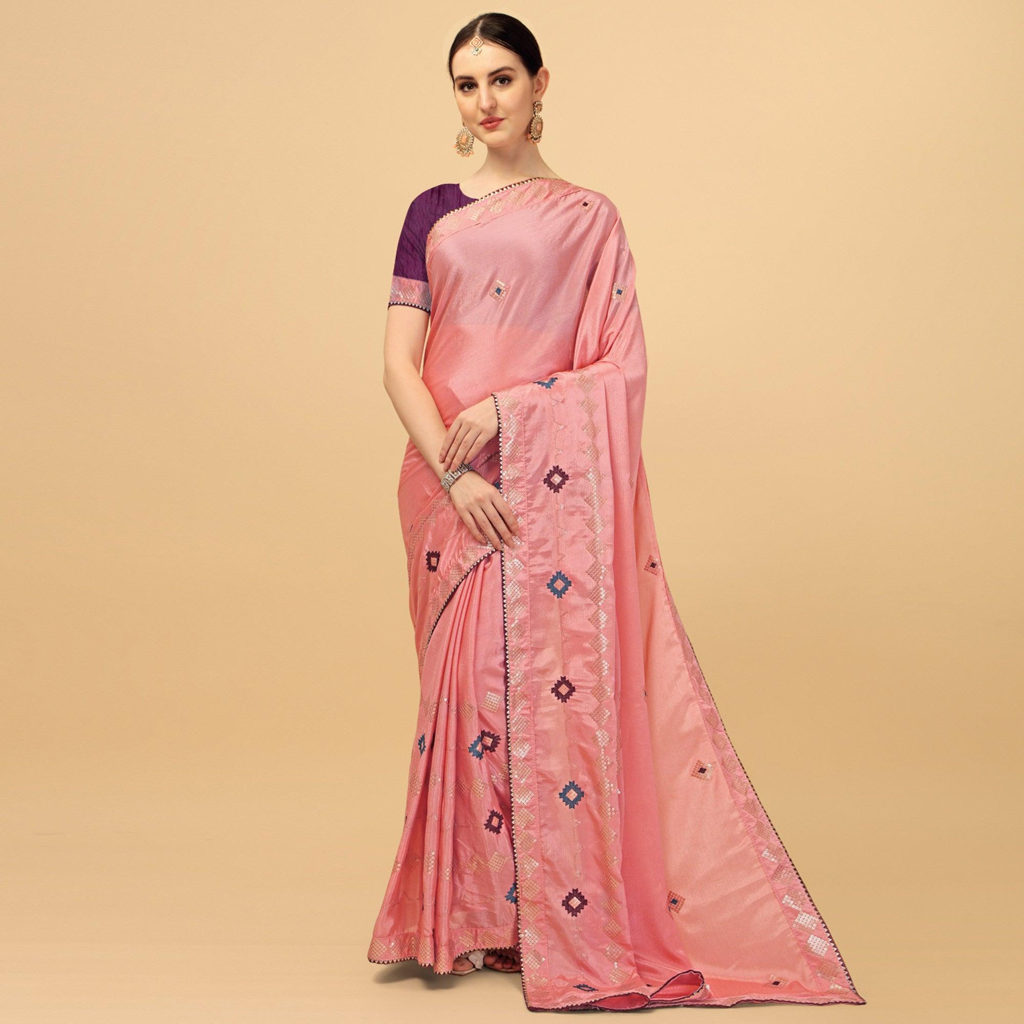 Pink Sequence Embroidered Chiffon Saree - Peachmode