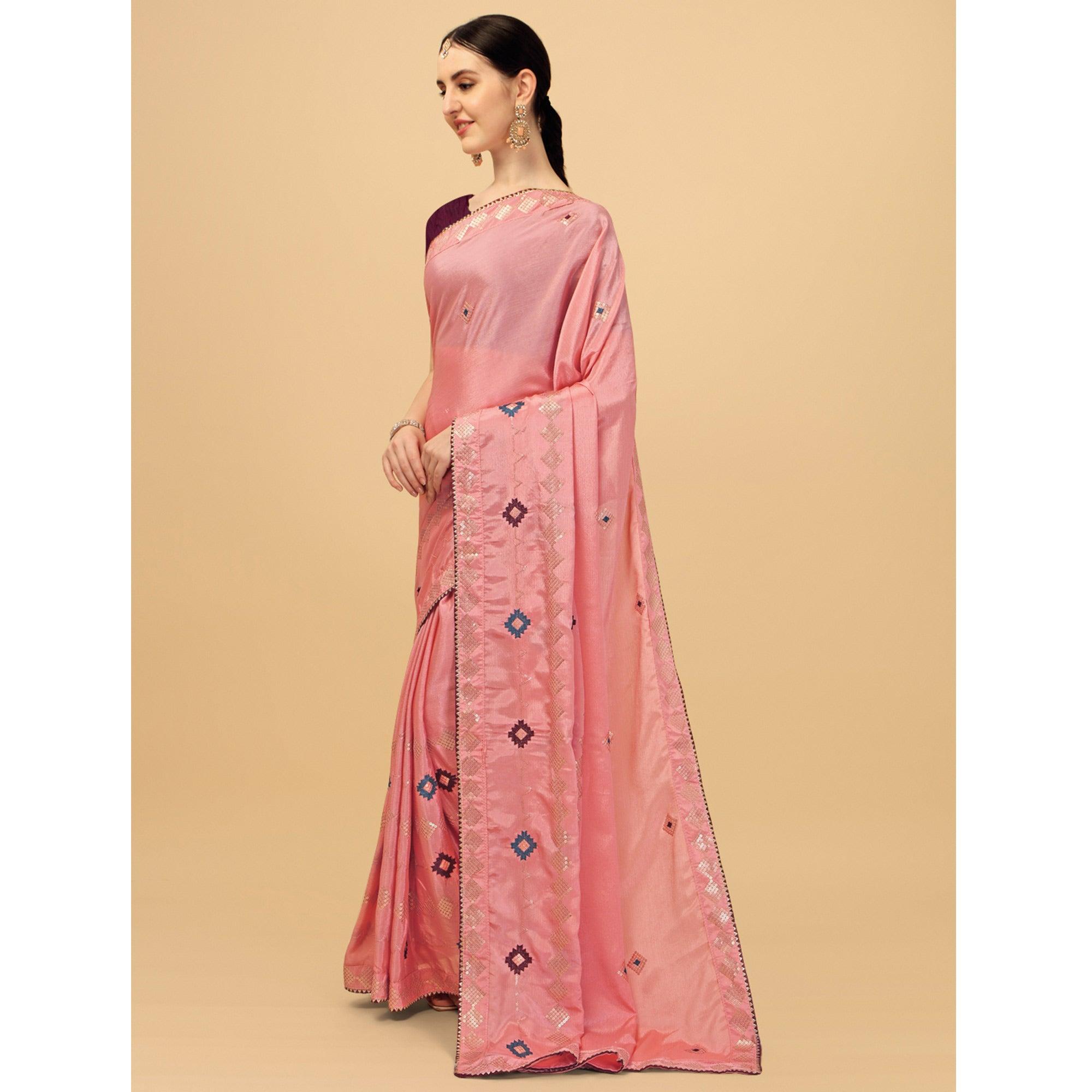 Pink Sequence Embroidered Chiffon Saree - Peachmode