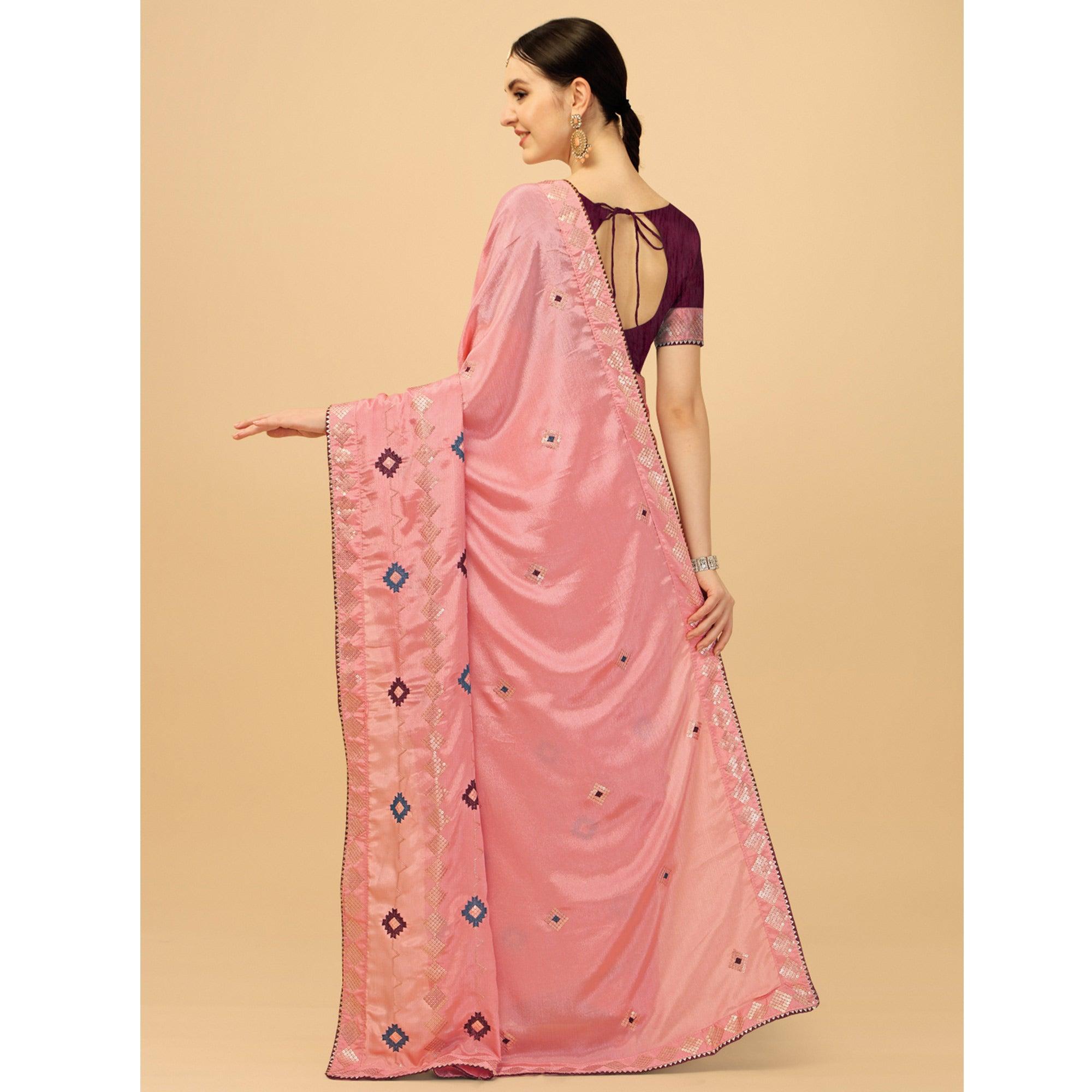 Pink Sequence Embroidered Chiffon Saree - Peachmode