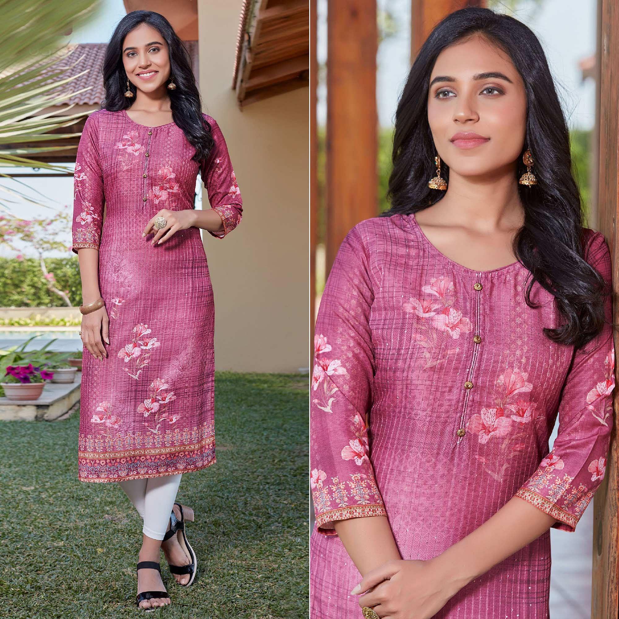 Pink Sequence Embroidered Cotton Silk Kurti - Peachmode