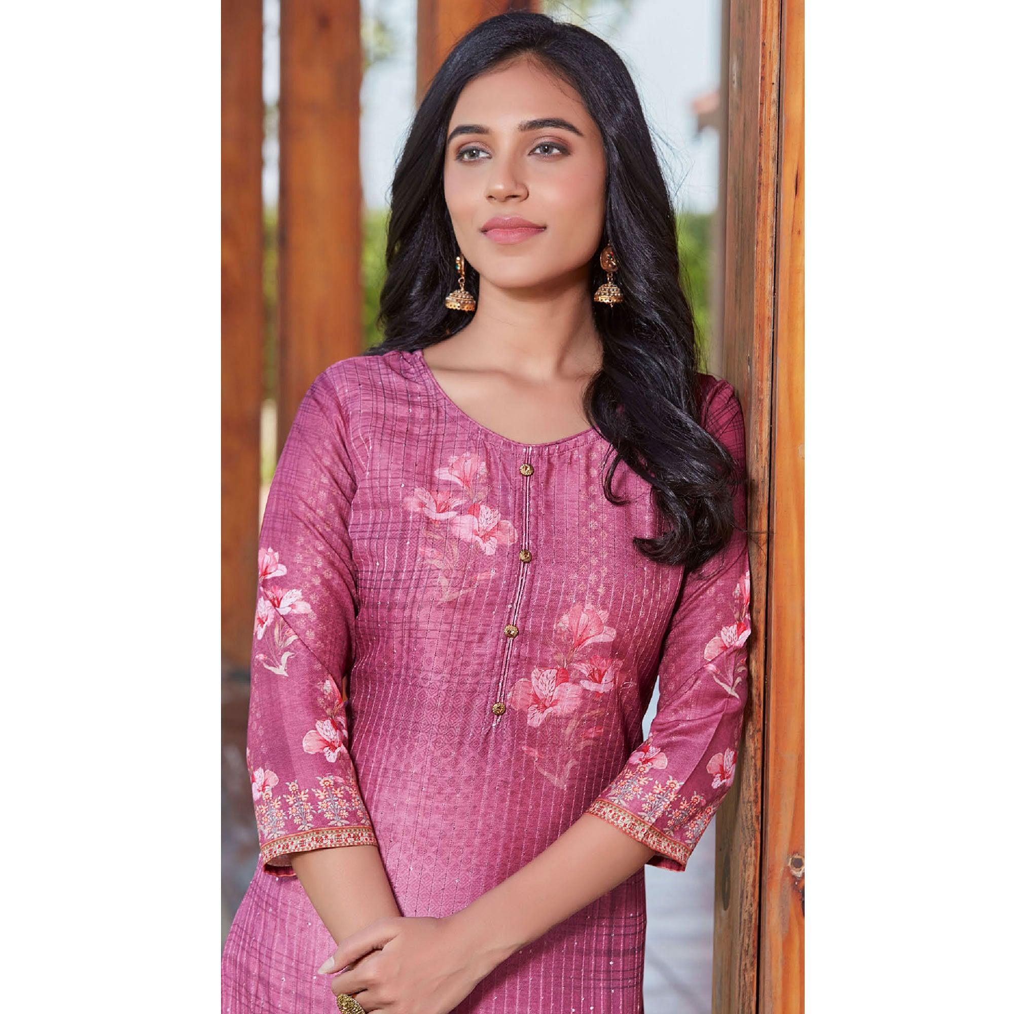 Pink Sequence Embroidered Cotton Silk Kurti - Peachmode