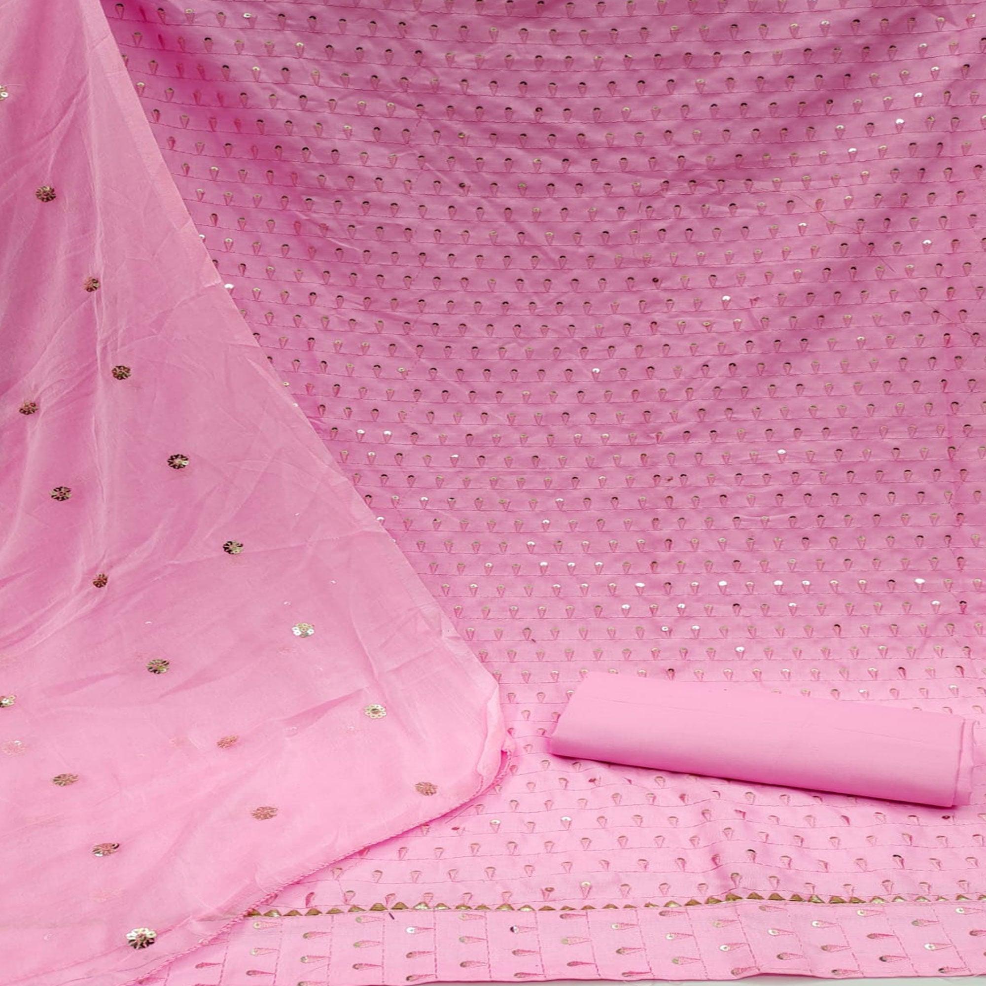 Pink Sequence Embroidered Cotton Slub Dress Material - Peachmode