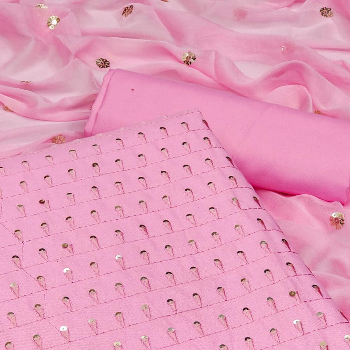 Pink Sequence Embroidered Cotton Slub Dress Material - Peachmode