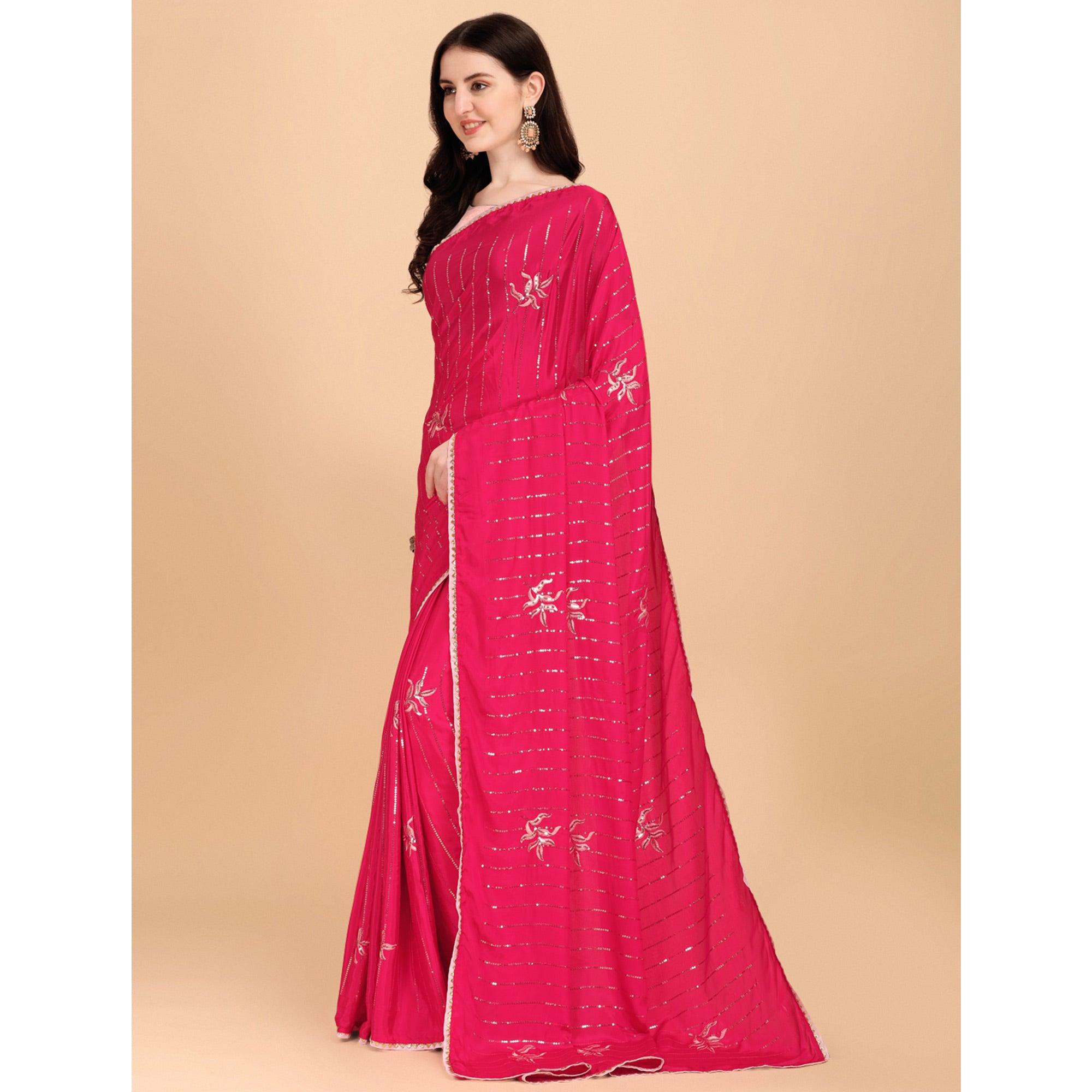 Pink Sequence Embroidered Crepe Saree - Peachmode