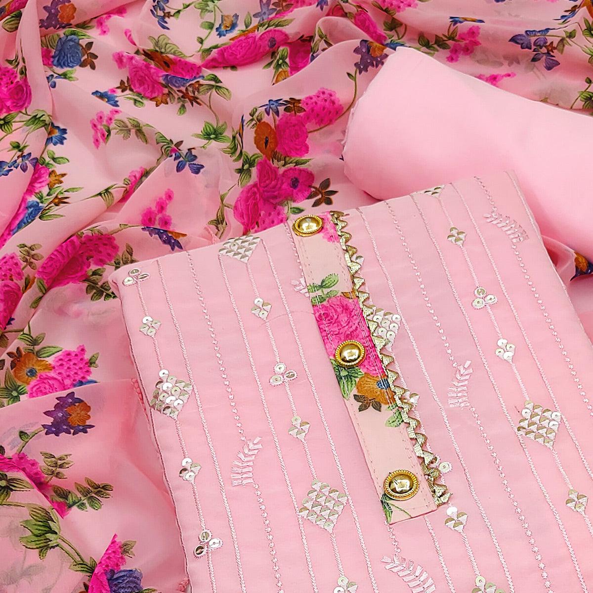 Pink Sequence Embroidered Georgette Dress Material - Peachmode