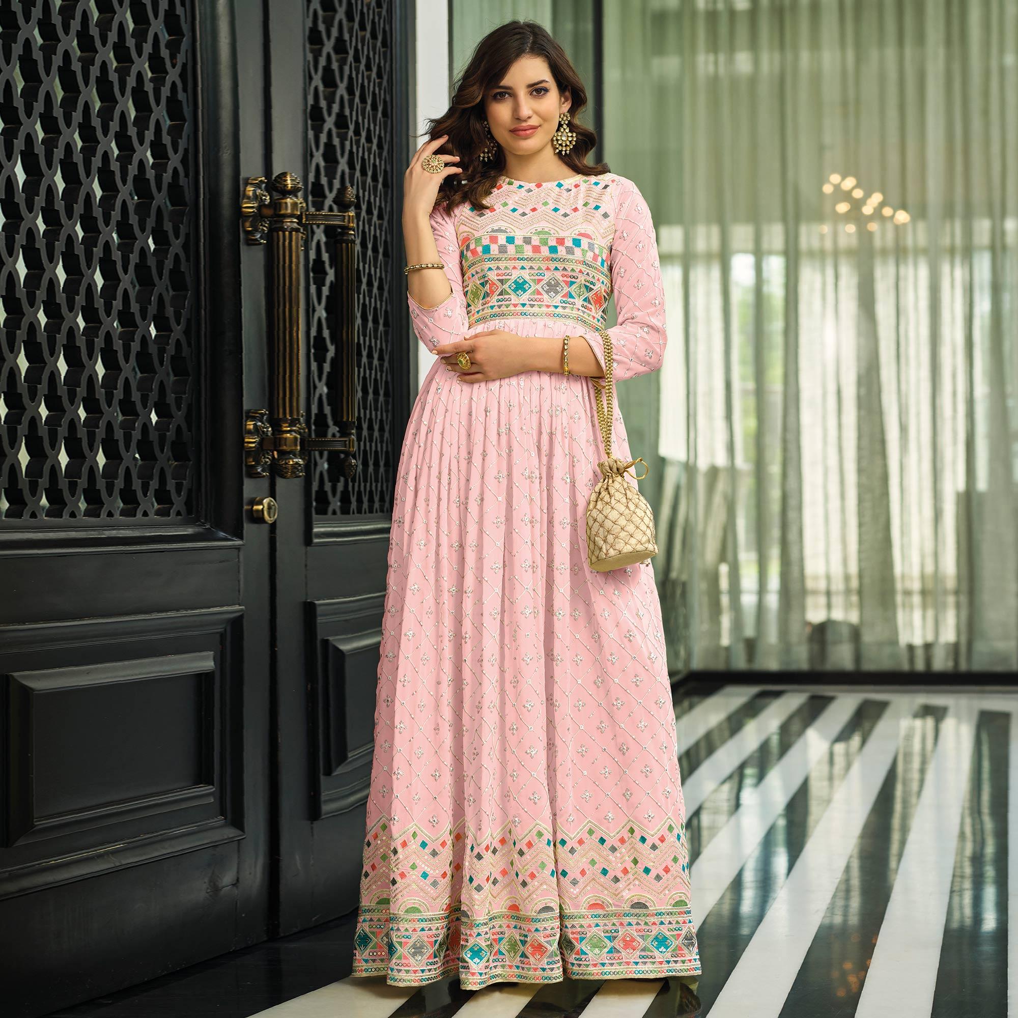 Pink Sequence Embroidered Georgette Gown - Peachmode