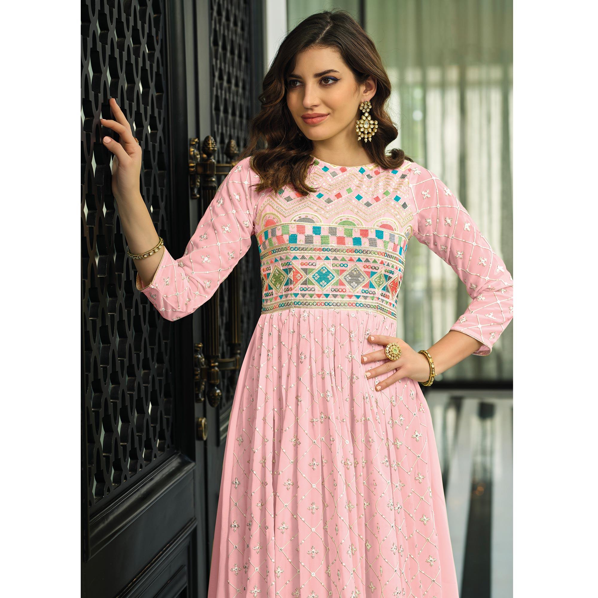 Pink Sequence Embroidered Georgette Gown - Peachmode