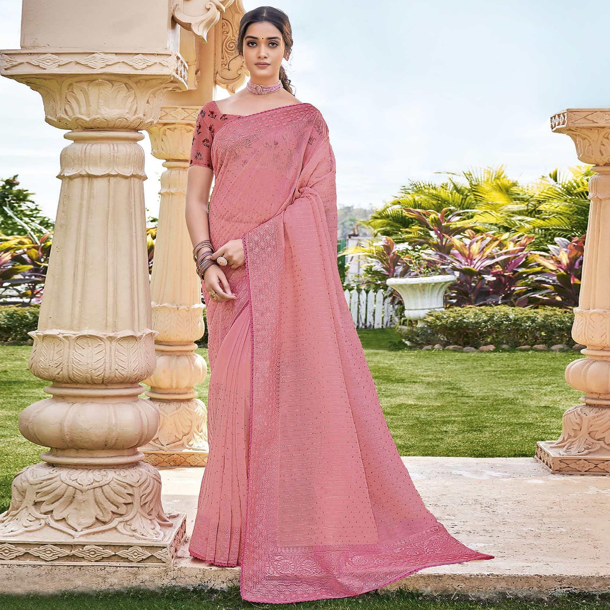 Pink Sequence Embroidered Georgette Saree - Peachmode