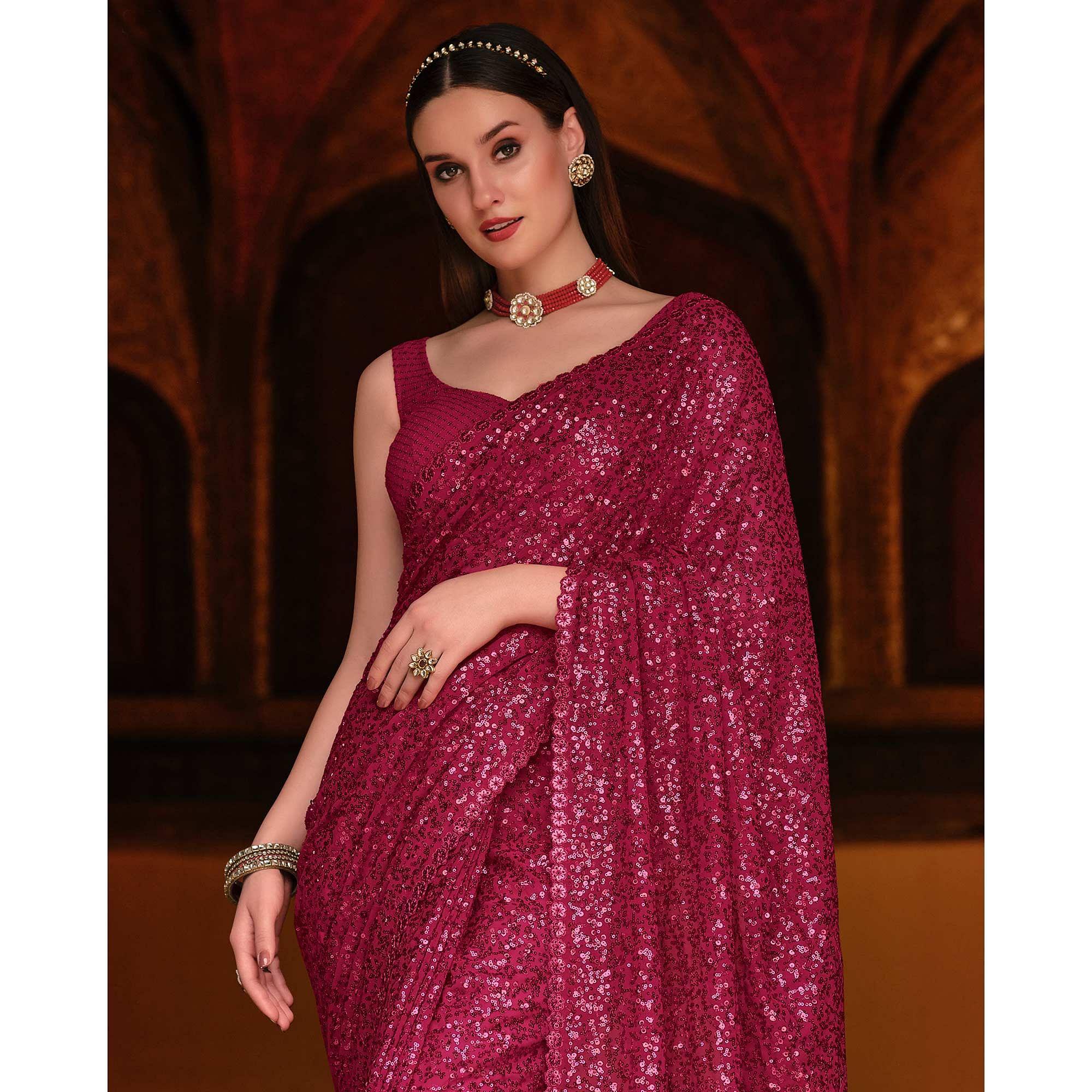 Pink Sequence Embroidered Georgette Saree - Peachmode