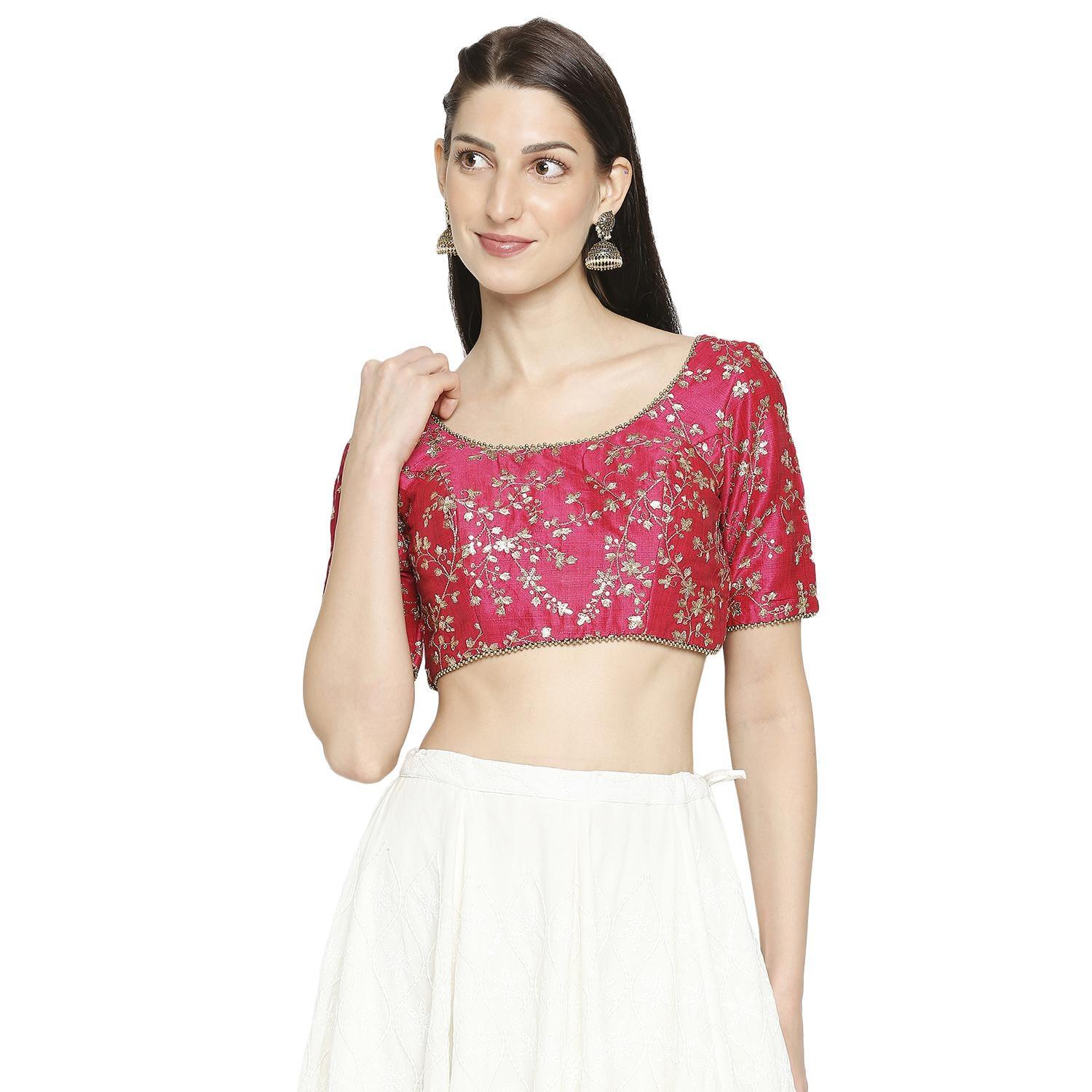 Pink Sequence Embroidered Mulbury Silk Readymade Saree Blouse - Peachmode