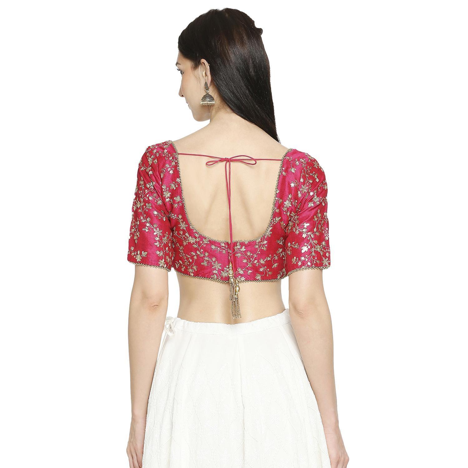 Pink Sequence Embroidered Mulbury Silk Readymade Saree Blouse - Peachmode