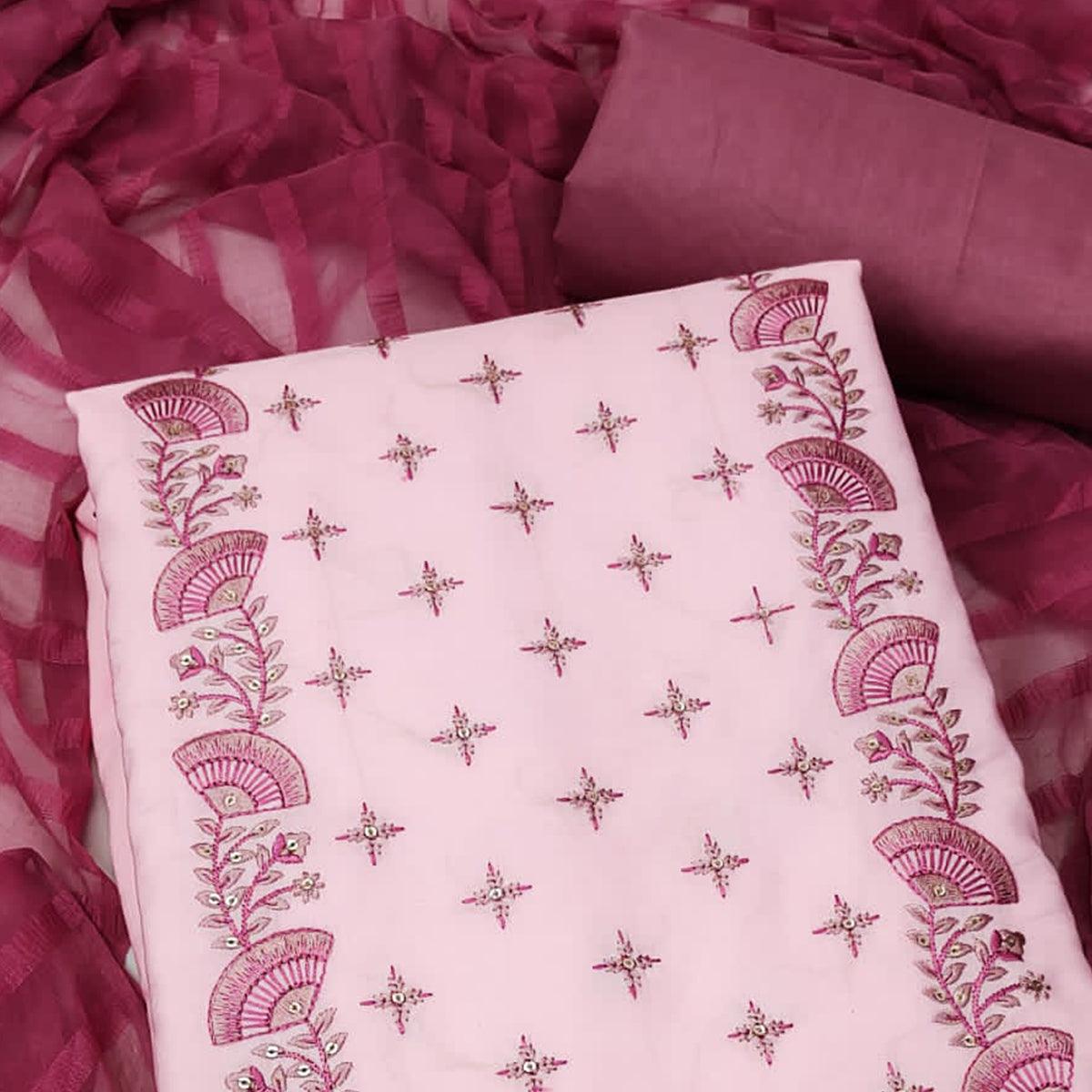 Pink Sequence Embroidered Pure Silk Dress Material - Peachmode