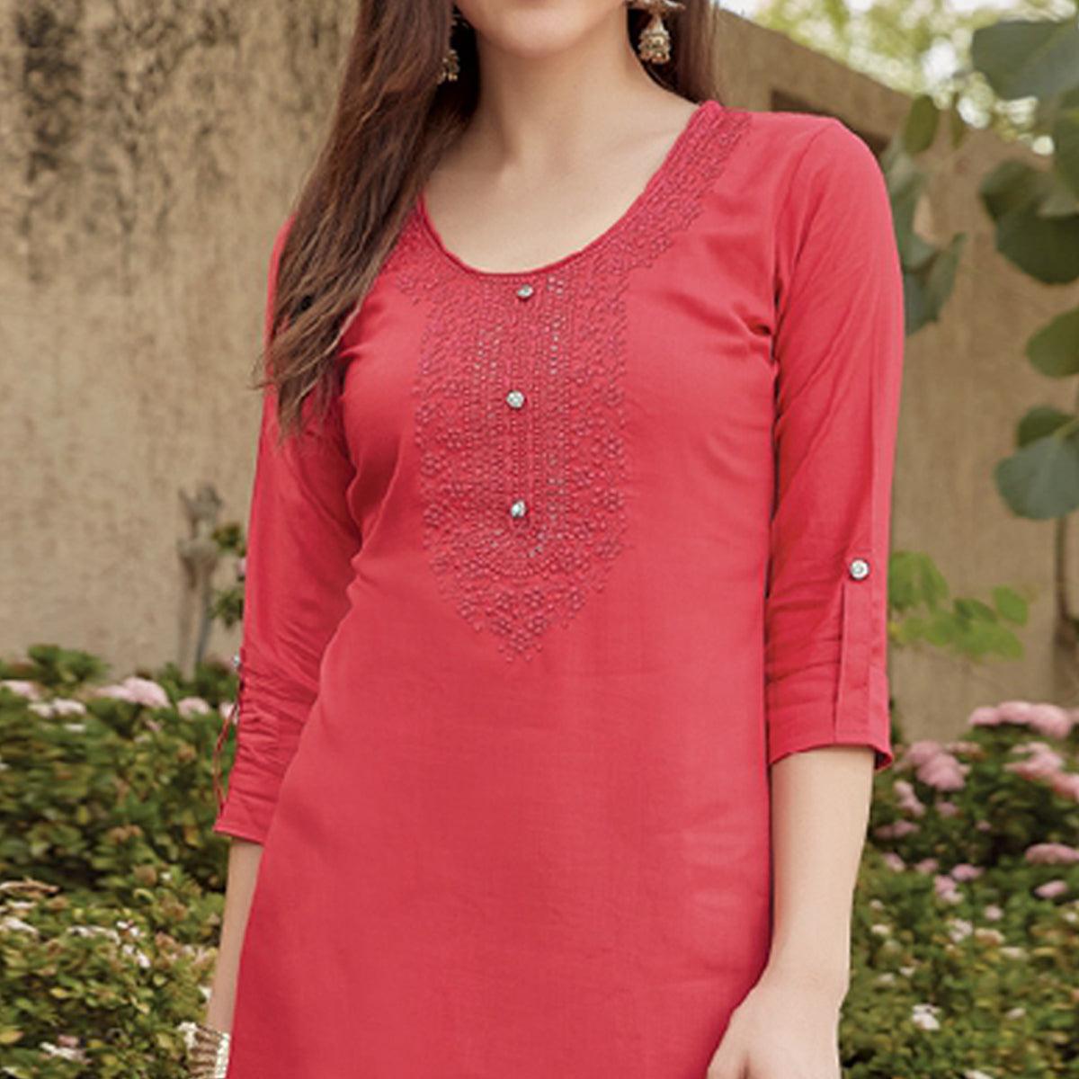 Pink Sequence Embroidered Rayon Kurti - Peachmode
