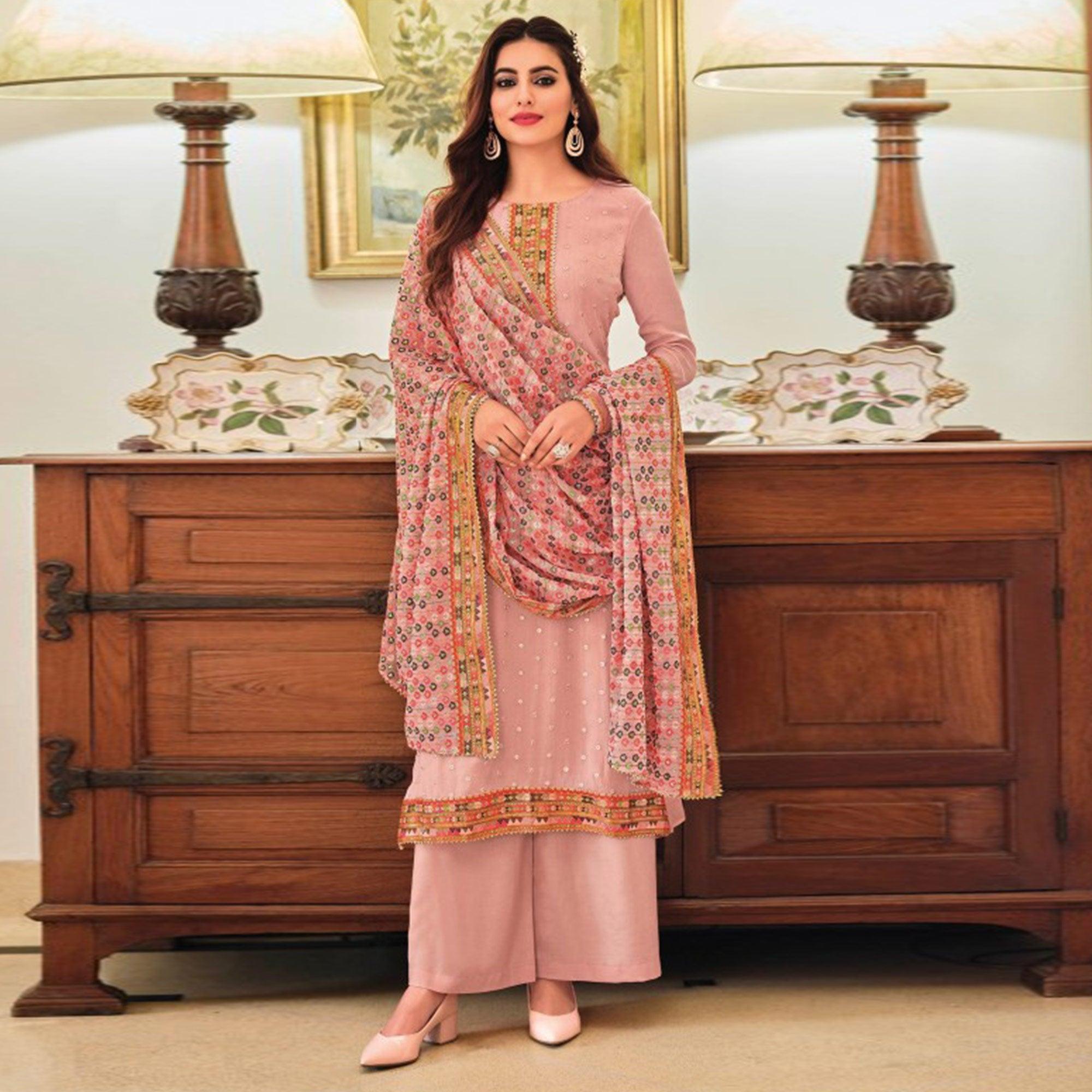 Pink Sequence Embroidered With Mirror Work Georgette Palazzo Suit - Peachmode