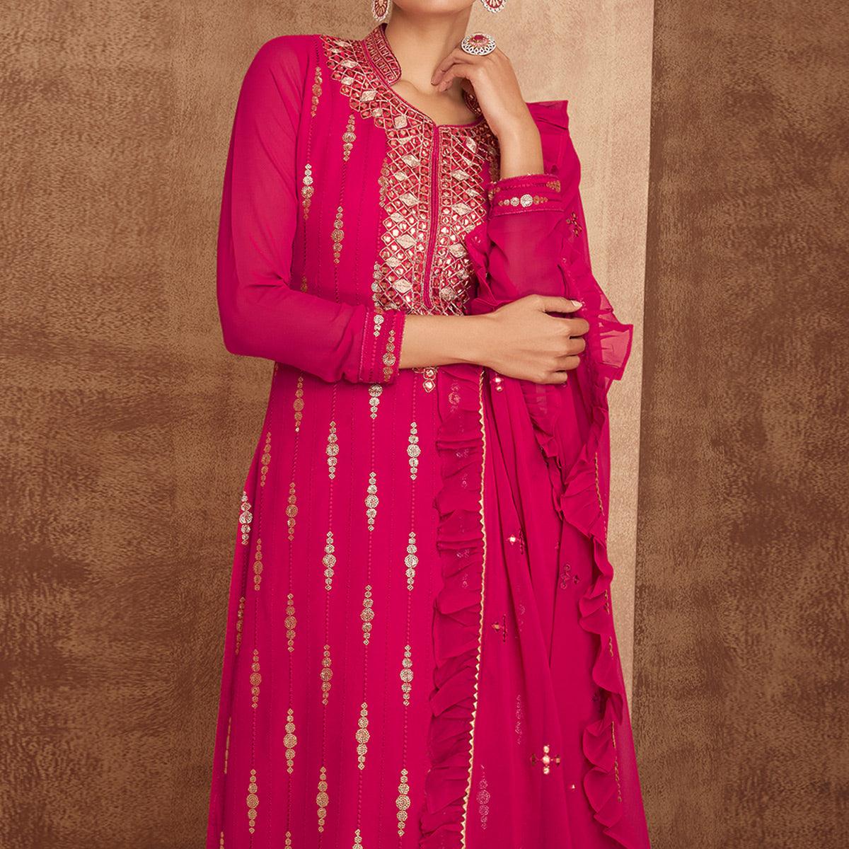 Pink Sequence Embroidery Georgette Partywear Suit - Peachmode