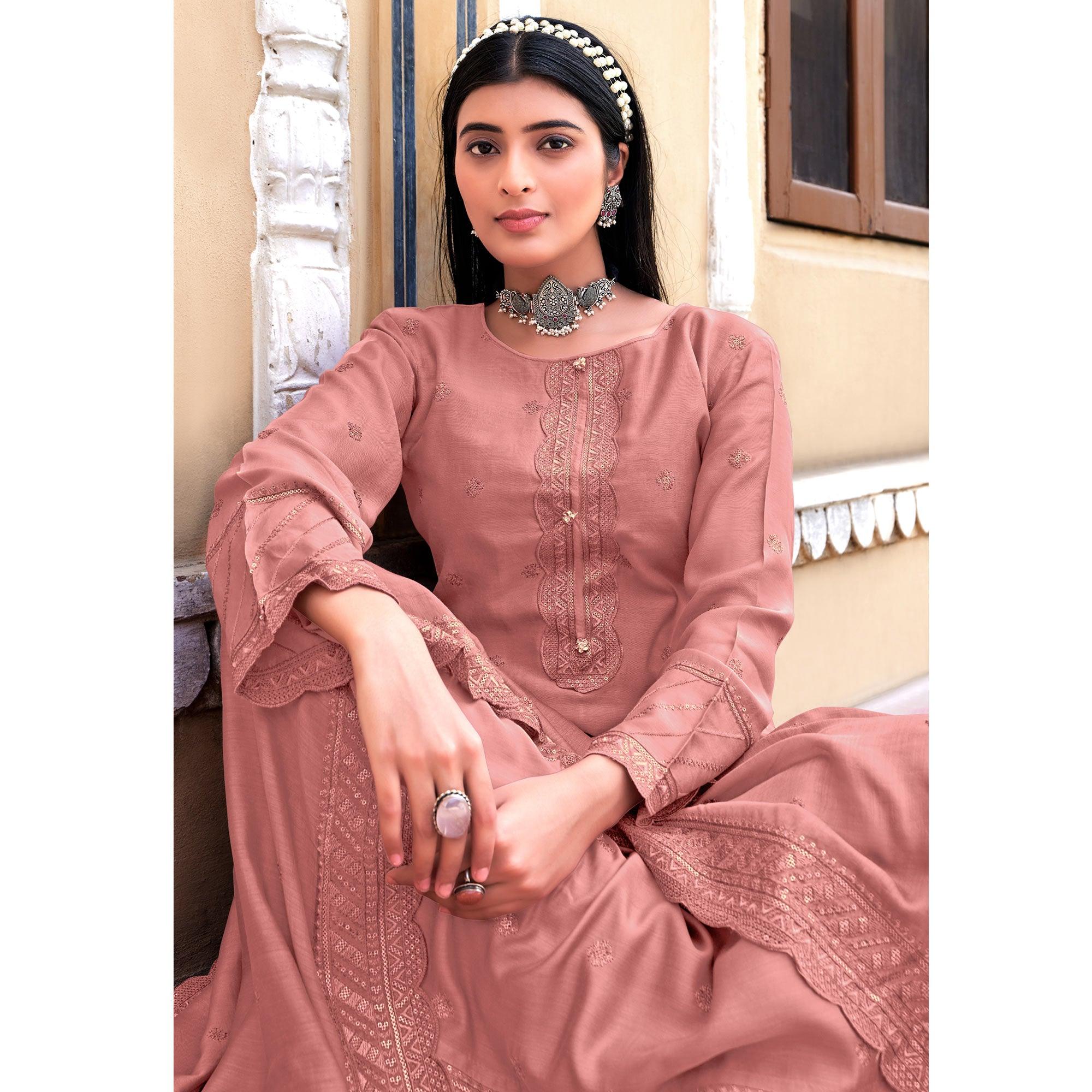 Pink Sequence Floral Embroidered Muslin Suit - Peachmode
