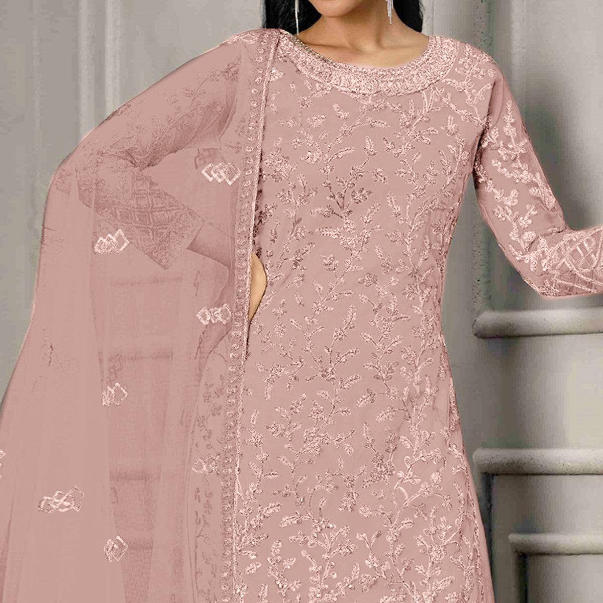Pink Sequence Floral Embroidered Net Salwar Suit - Peachmode