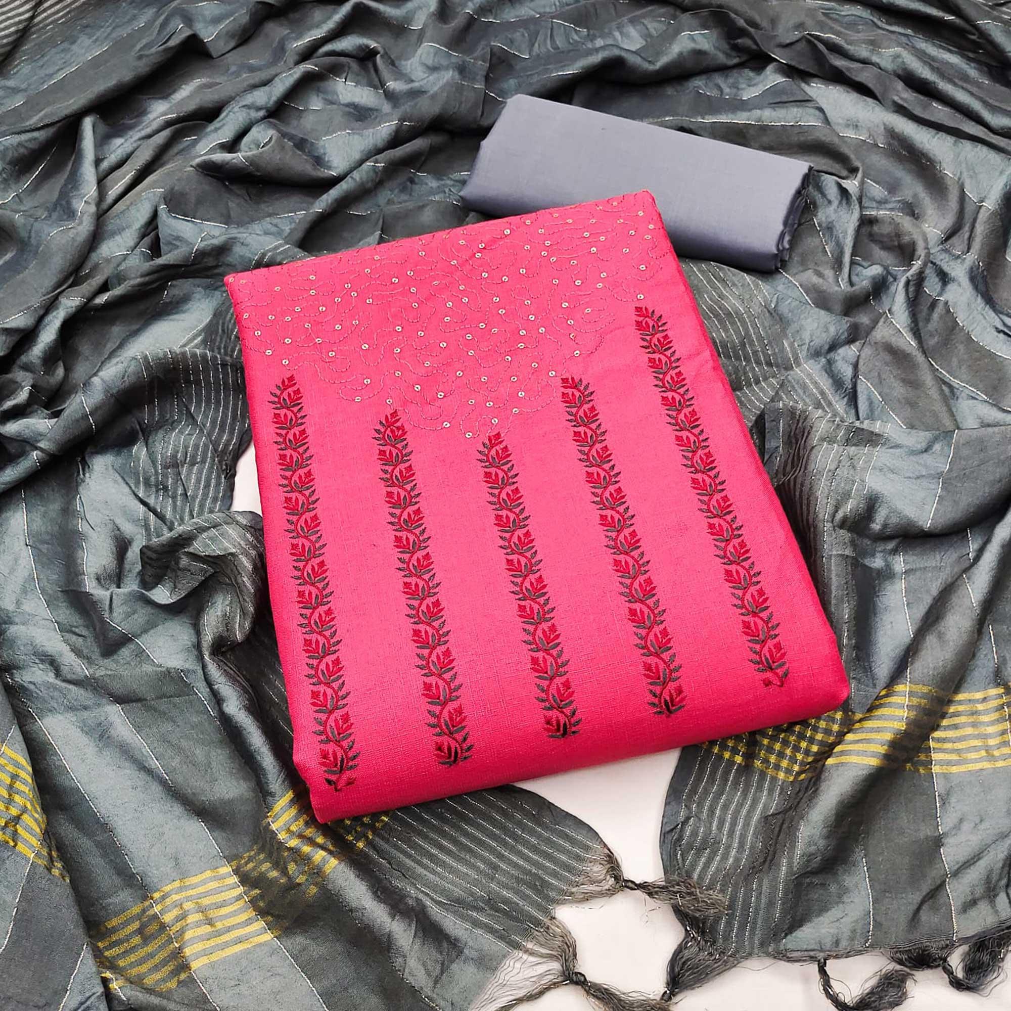 Pink Sequence Floral Embroidered Pure Cotton Dress Material - Peachmode