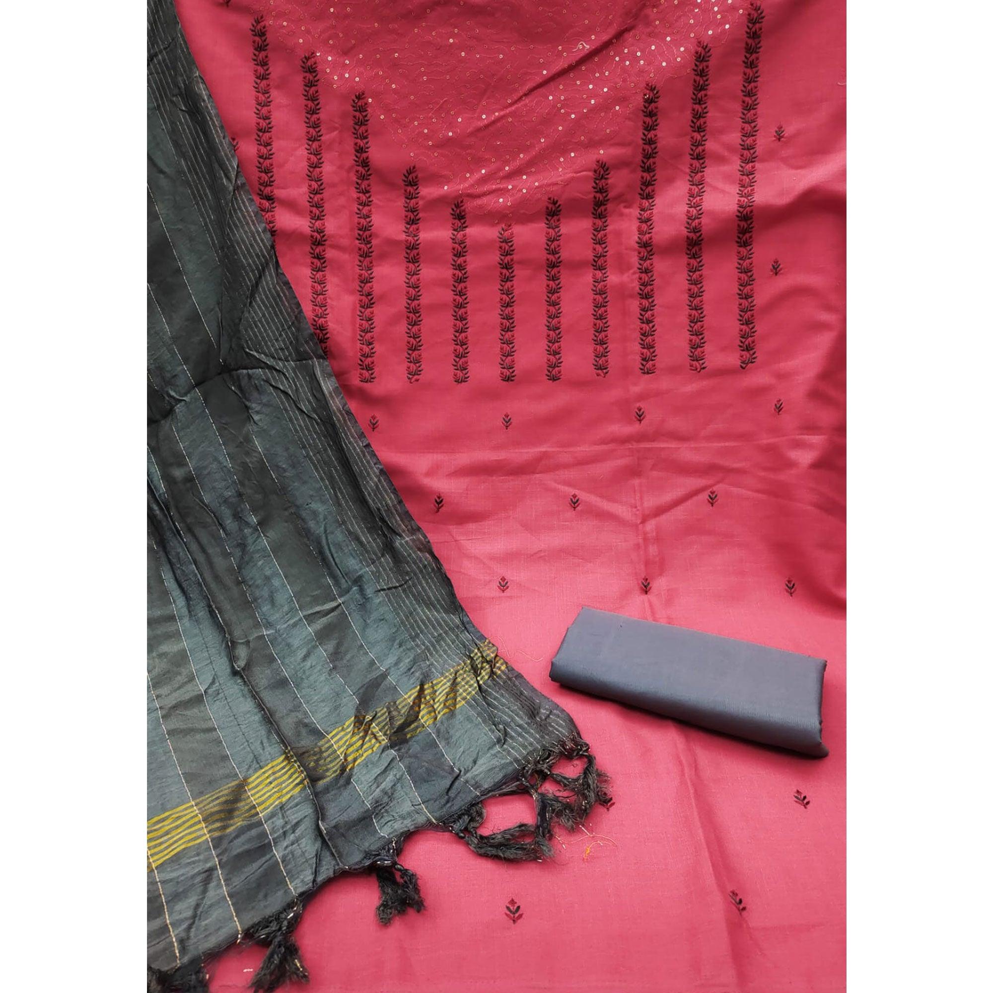 Pink Sequence Floral Embroidered Pure Cotton Dress Material - Peachmode