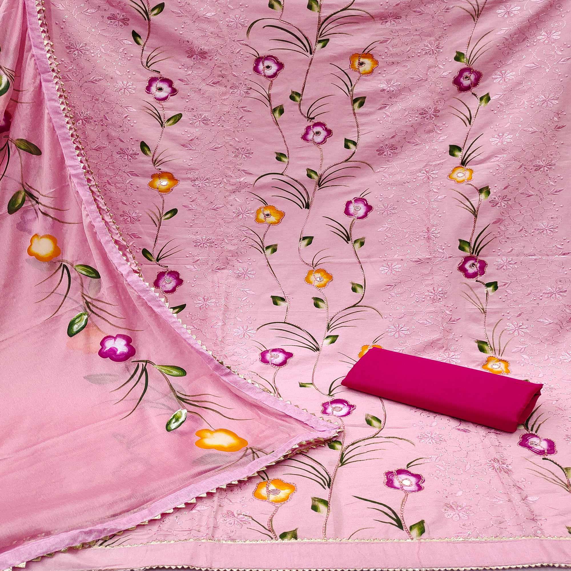 Pink Sequence Floral Embroidered Pure Cotton Dress Material - Peachmode