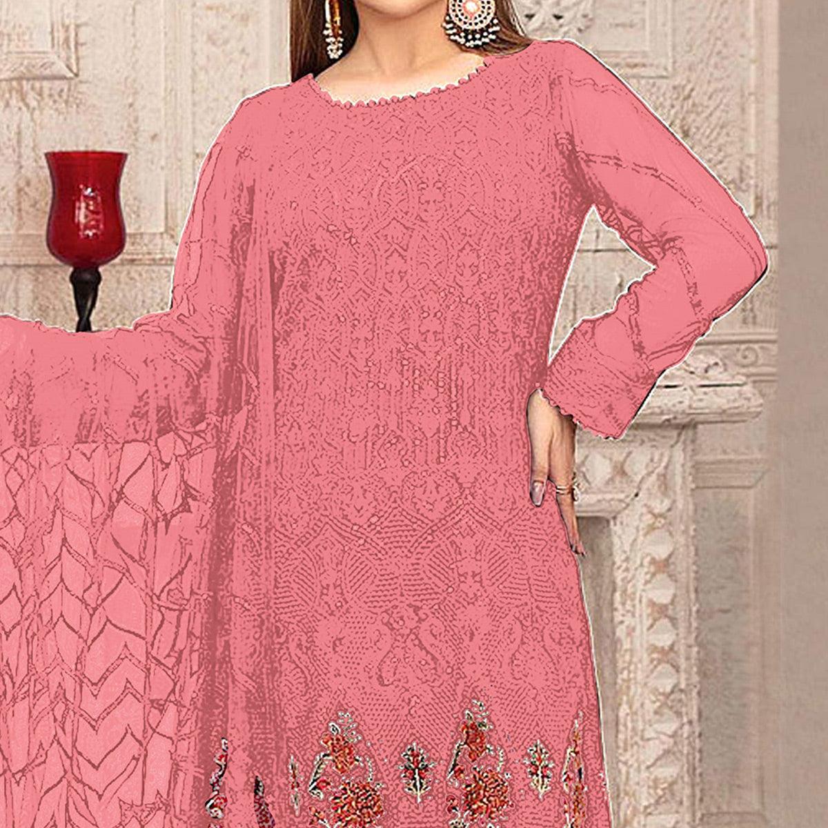 Pink Sequence With Floral Embroidered Georgette Pakistani Suit - Peachmode