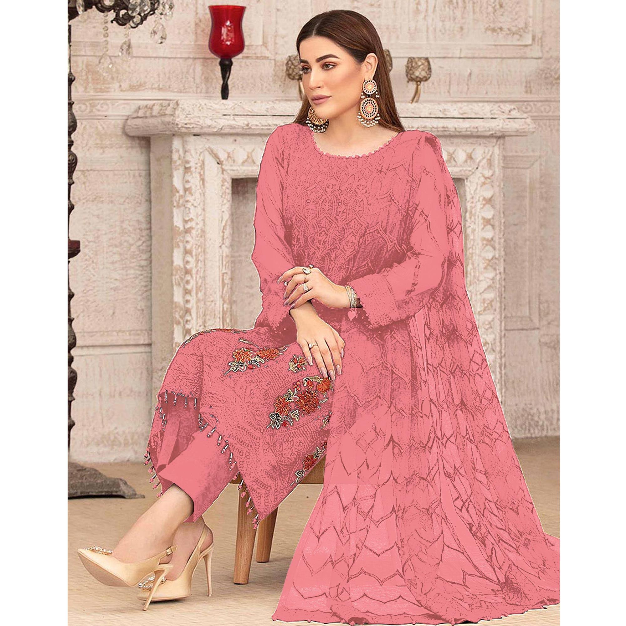 Pink Sequence With Floral Embroidered Georgette Pakistani Suit - Peachmode