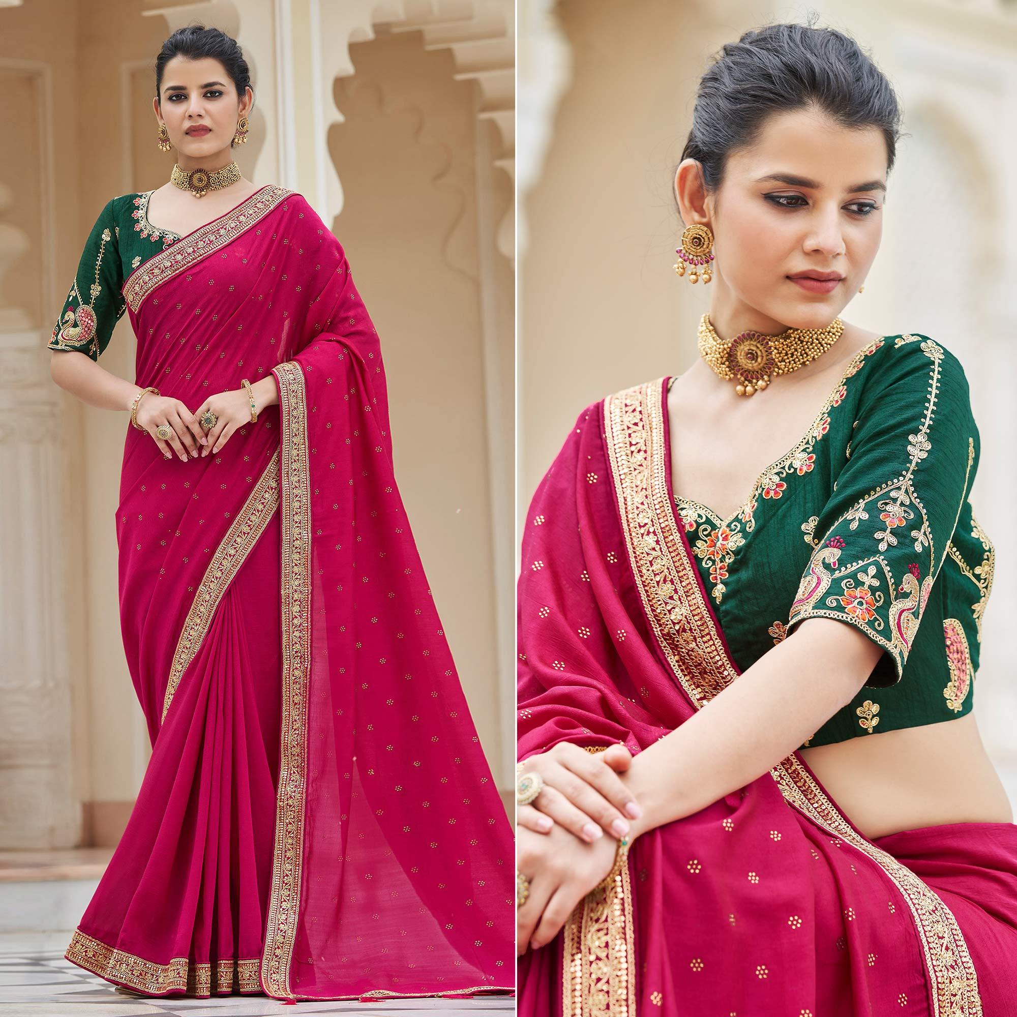 Pink Sequence With swarovski Work Vichitra Silk Saree - Peachmode