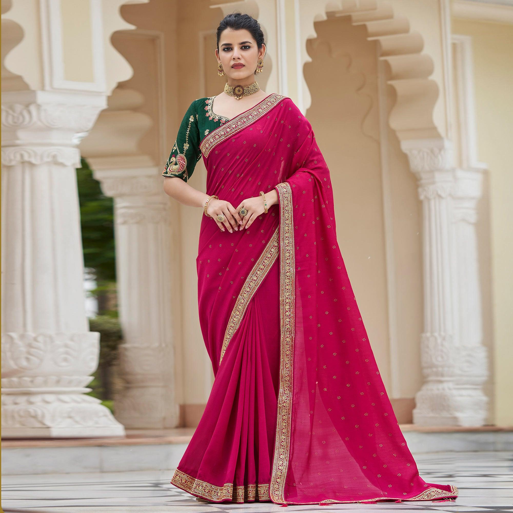 Pink Sequence With swarovski Work Vichitra Silk Saree - Peachmode