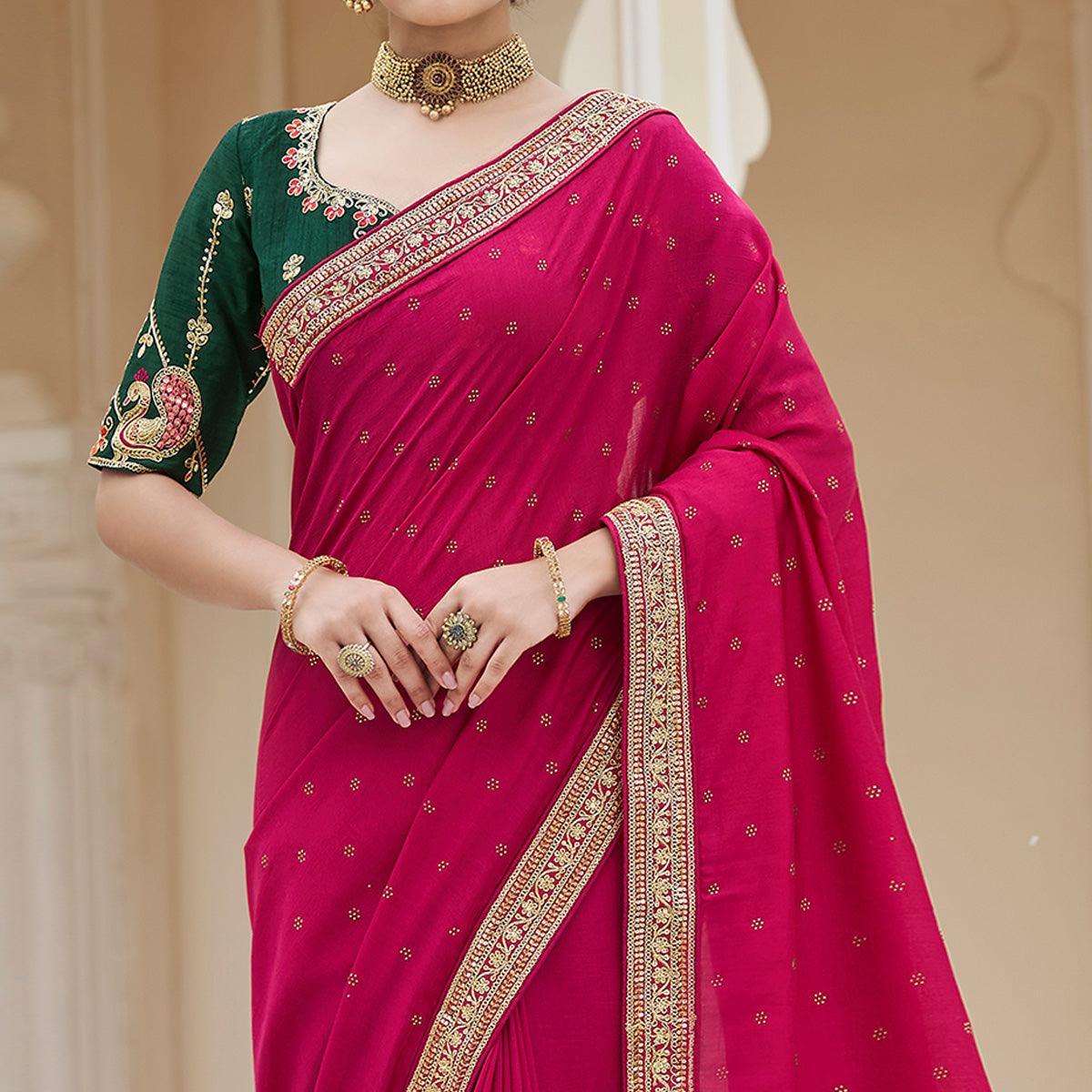 Pink Sequence With swarovski Work Vichitra Silk Saree - Peachmode